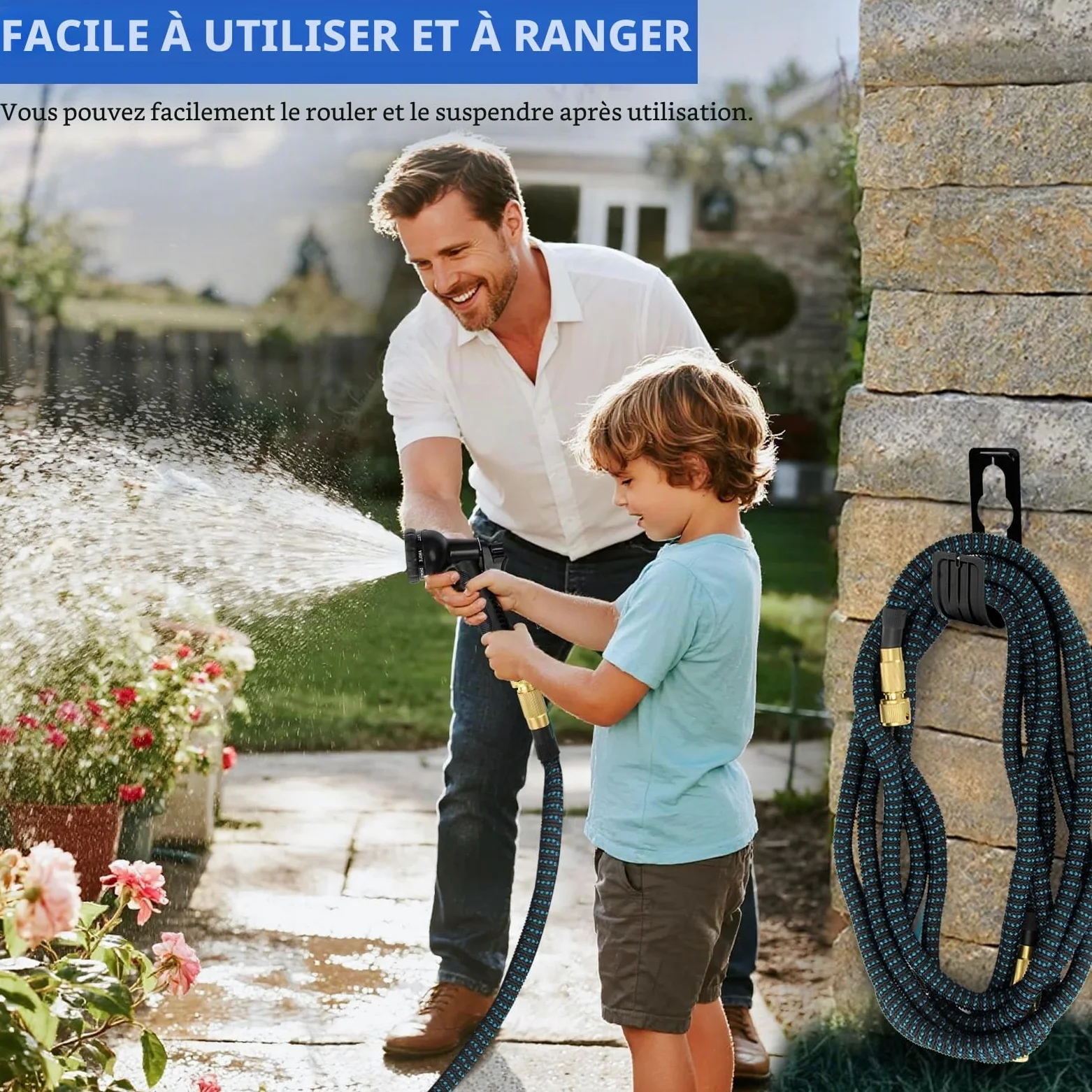 Tuyau d'arrosage flexible extensible de 30 m avec buse de pulvérisation 8 fonctions, 3 tuyaux d'arrosage extensibles durables avec connecteurs en laiton anti-fuite de 1,9 cm et 1,27 cm pour jardinage