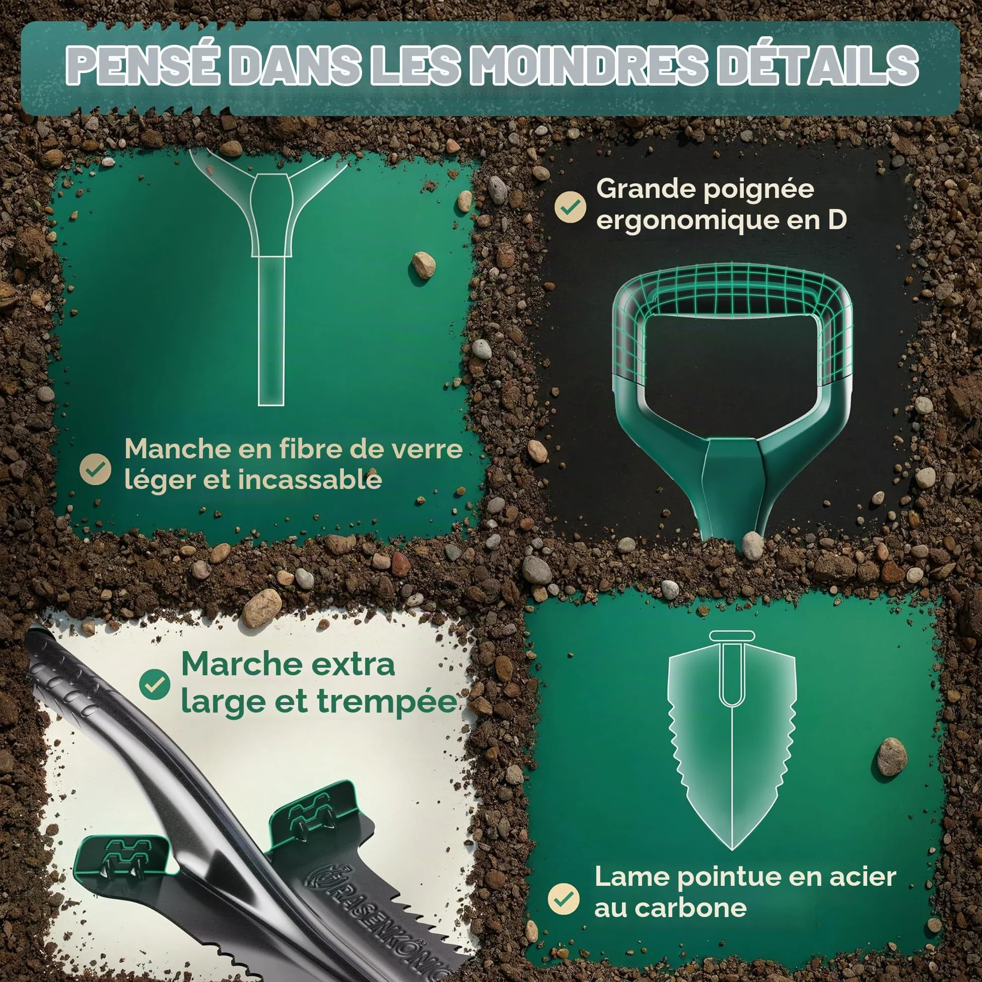Bêche Pro avec scie à racines [vainqueur du test] Bêche pour le jardinage | avec 20 dents de scie, poignée ergonomique et large bord de marche | Bêche de jardin stable pour creuser plus
