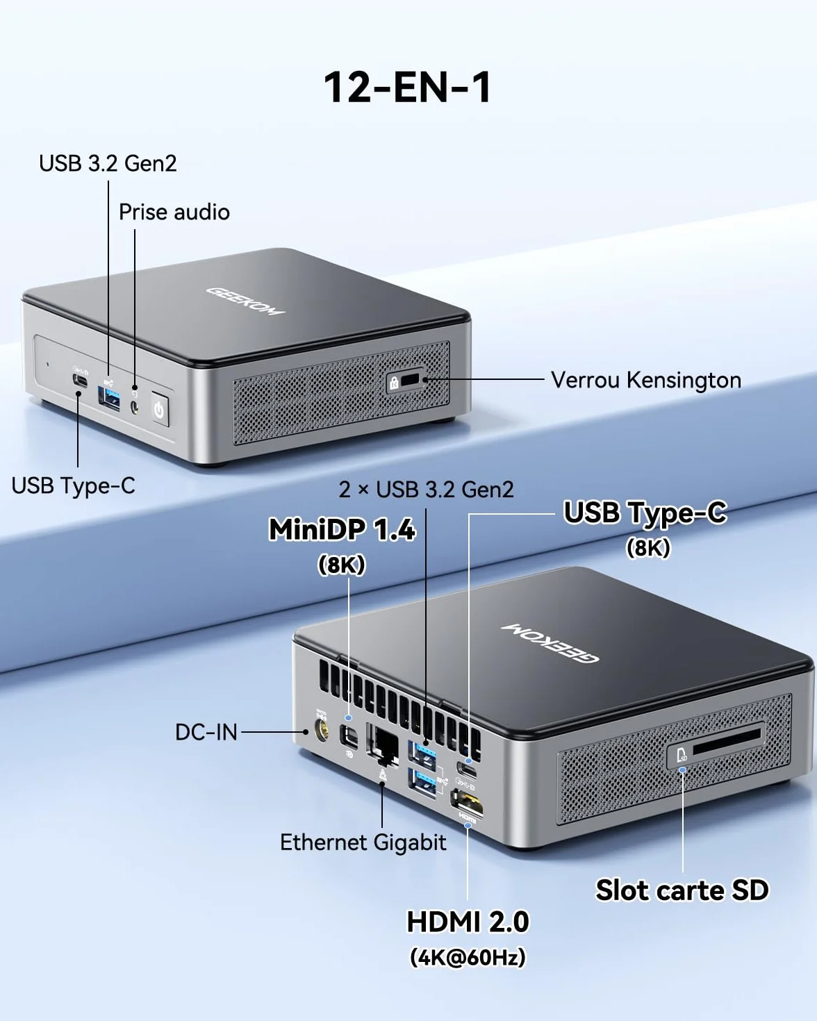 GEEKOM Air12 Mini PC Intel Pentium Gold 7505 16 Go DDR4 512 Go SSD Triple écran 4K/8K WiFi6 RJ45 Gigabit HDMI