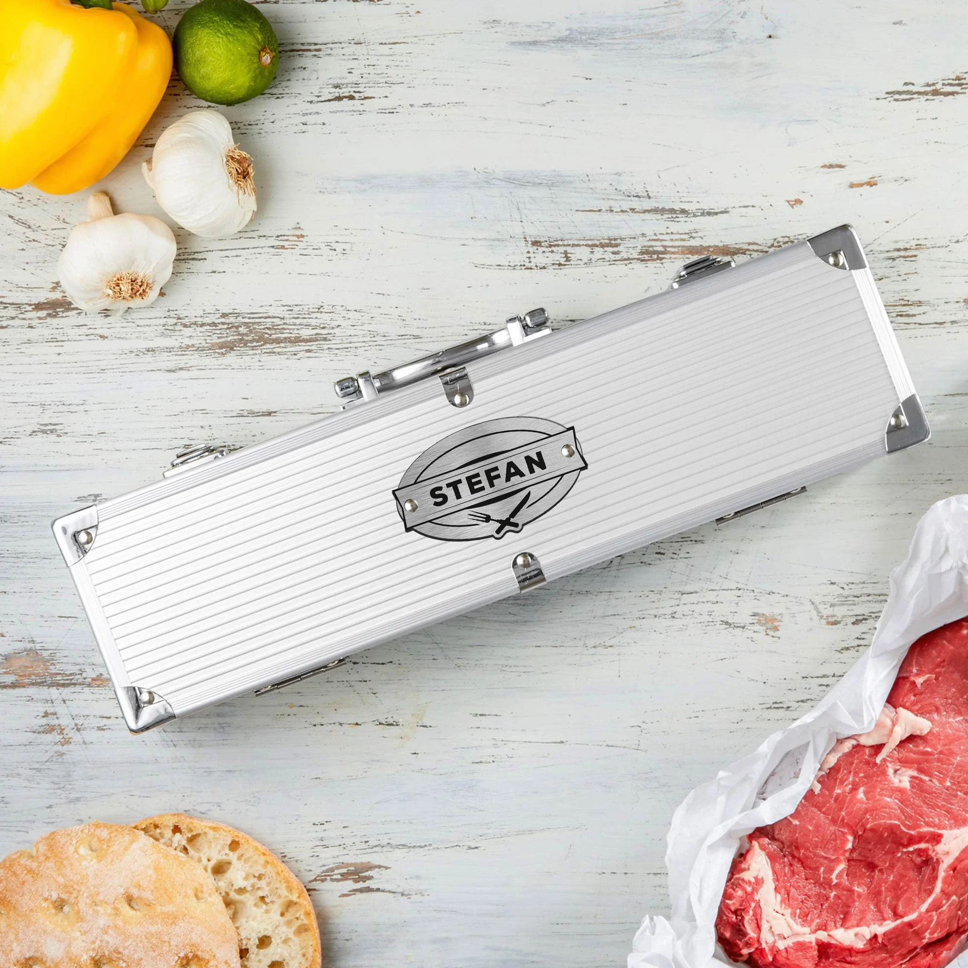 Casa Vivente Coffret d'Ustensiles pour Grillades, Fourchette, Pince, Spatule, Gravure Personnalisée, 37x10x8,5 cm