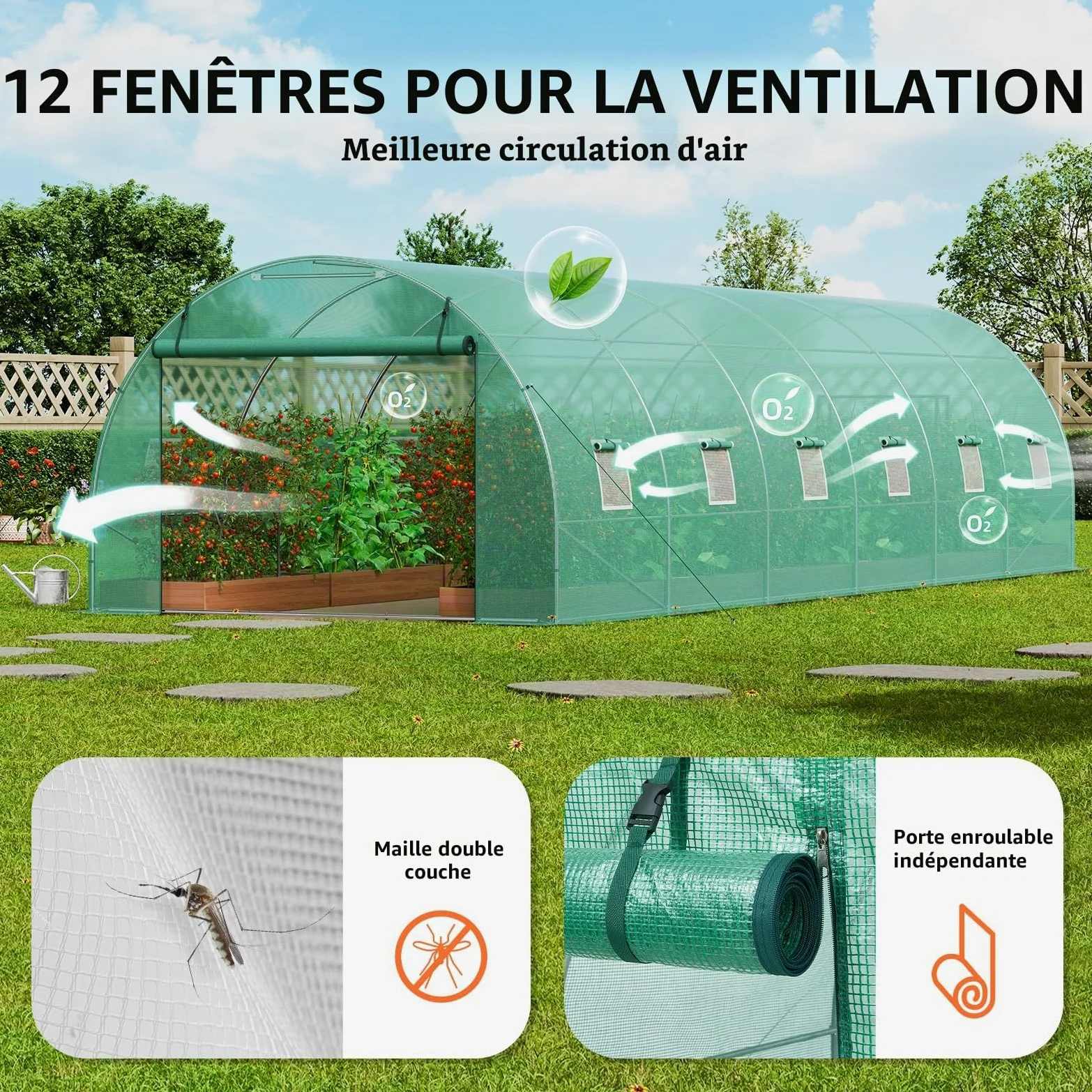 VEVOR Serre Tunnel Jardin, 890x295x198 cm, Tente Abri Plantes avec Cadre en Acier Galvanisé, Couverture en PE Verte, Porte à Glissière Enroulable, 12 Fenêtres, pour Extérieur Cultiver Légumes Fleurs