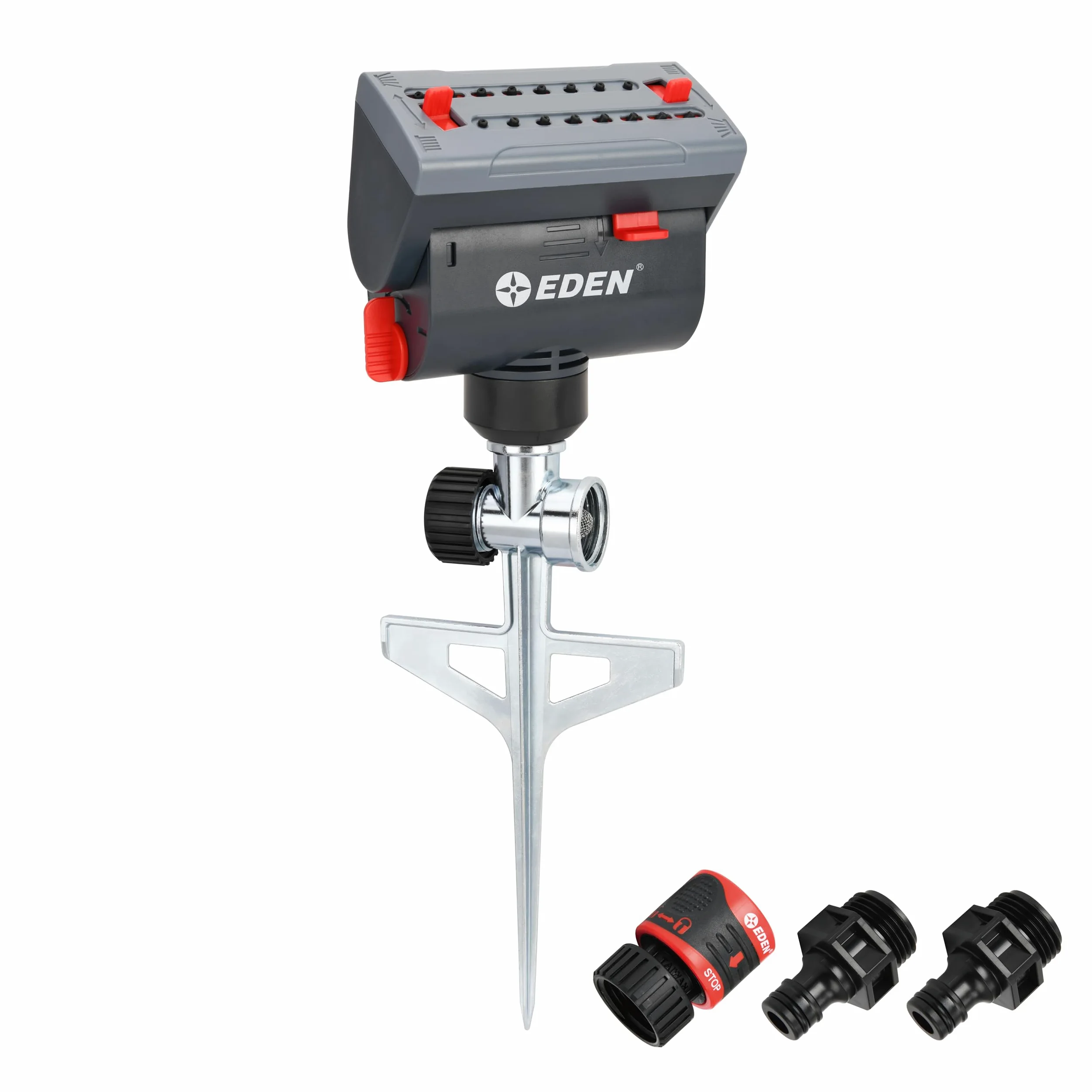 Eden 94145 Mini arroseur oscillant Turbo réglable à 4 Voies avec entraînement à Piquet en étape, très résistant, système d'arrosage de Jardinage, Jardin et pelouse, Couverture jusqu'à 400 m²