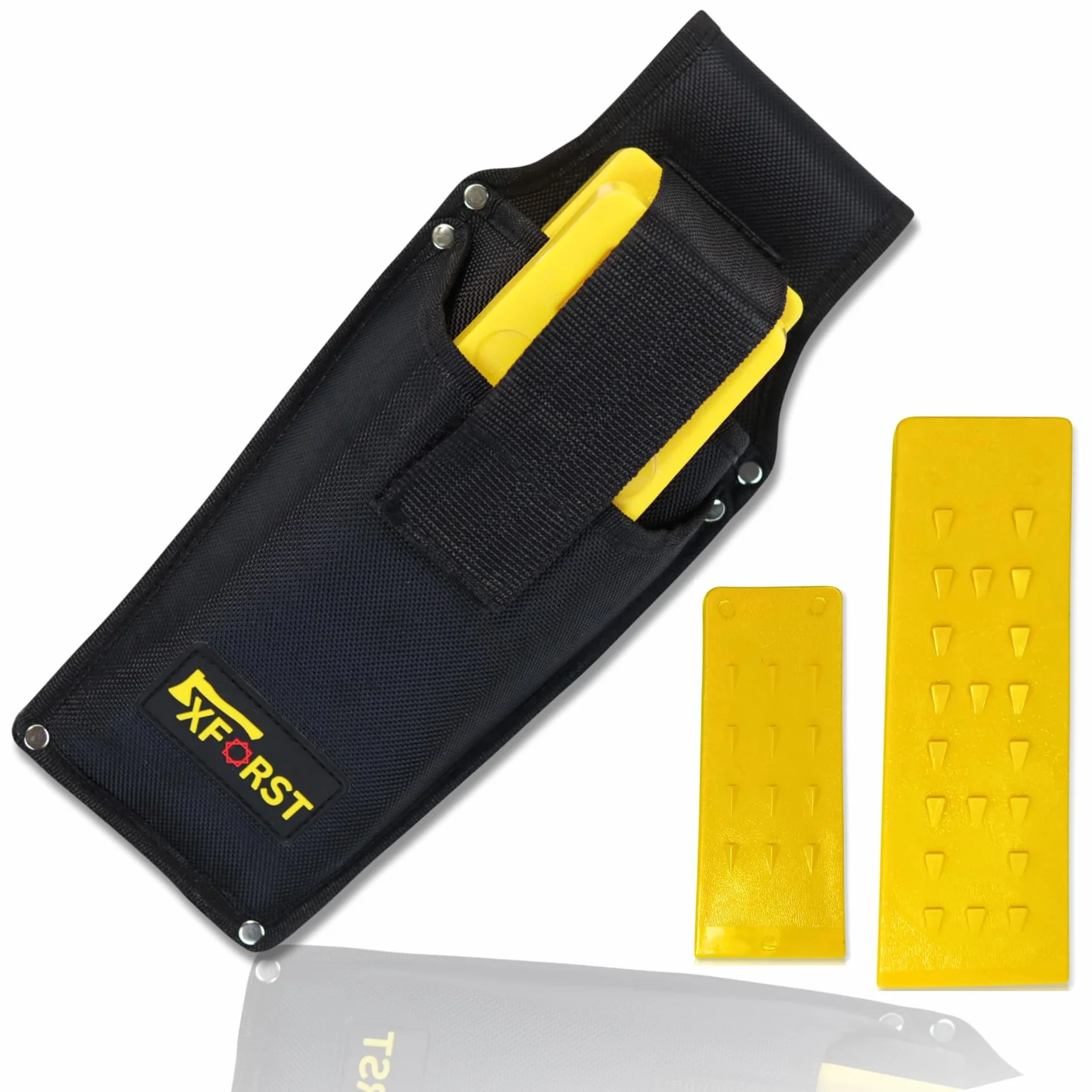 Cales d’Abattage Professionnelles Lot de 2 – Coins Forestiers 19,5 cm & 24,2 cm Plastique ABS Jaune Résistant aux Chocs et au Gel – Accessoires Tronçonneuse avec Sac