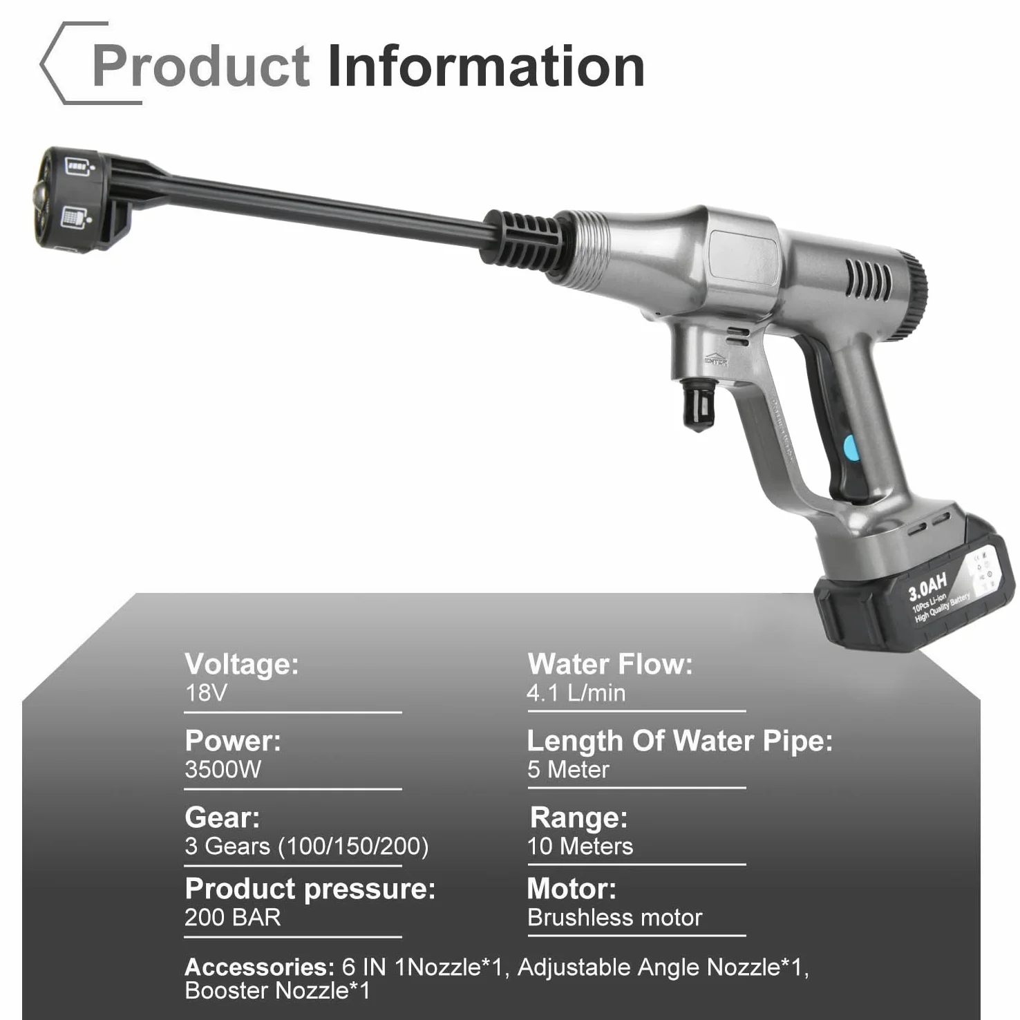 Nettoyeur Haute Pression sans Fil, 21V Max 200 Bar Nettoyeur Haute Pression sur Batterie 6,0Ah, Press & Clean Pistolet de Lavage avec écran LCD de Puissance et 3 Vitesses (Argent)