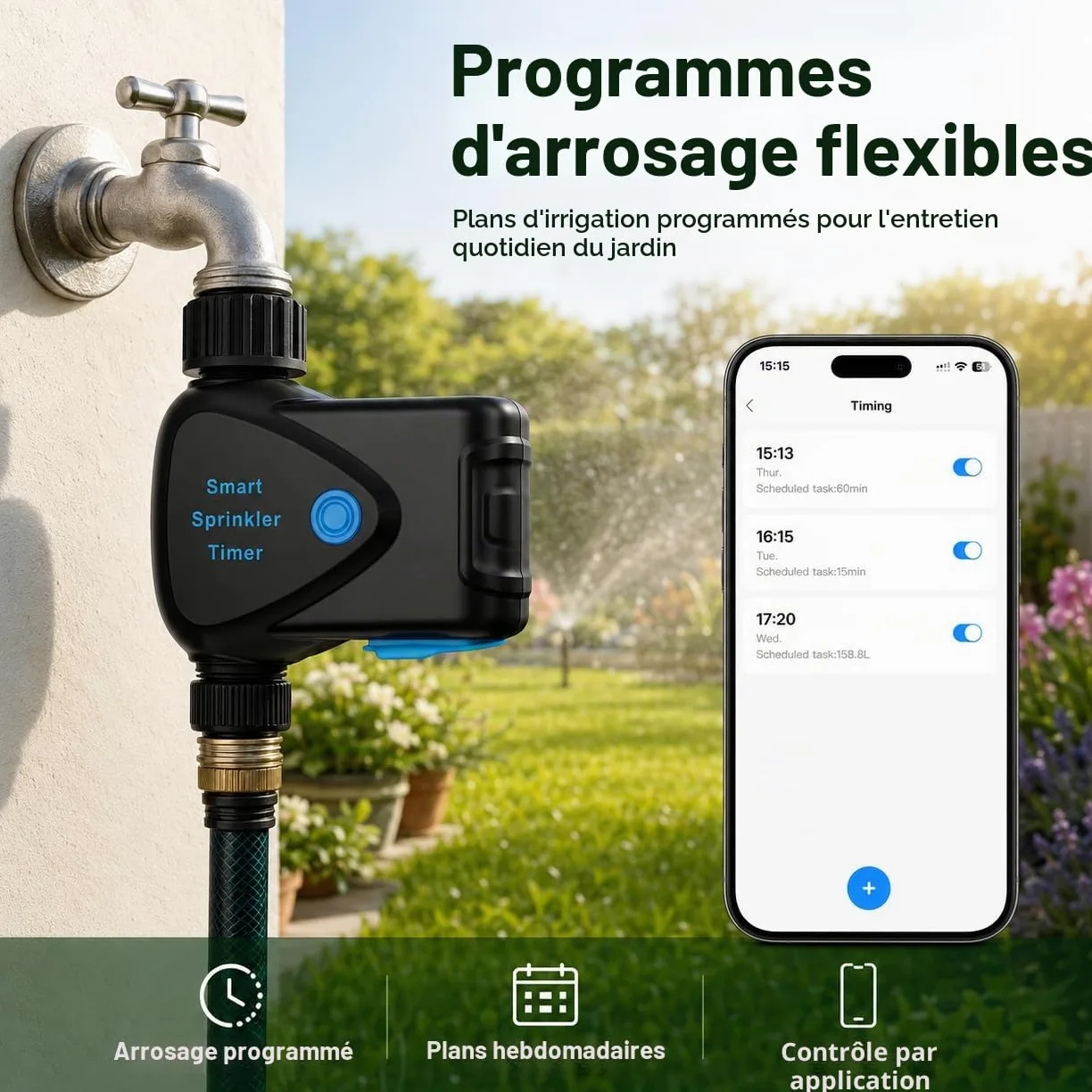 Programmateur d'Arrosage WiFi avec Compteur d'eau Intégré, Minuterie d'Arrosage Connectée sans Hub, Contrôle par App 2,4 GHz, Arrosage par Volume, Programmation, IP65 pour Jardin Pelouse Serre