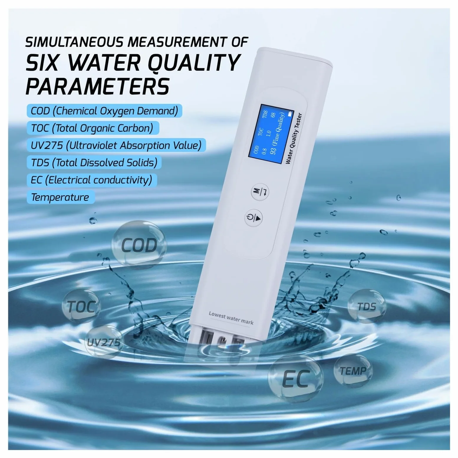 Testeur numérique de qualité de l'eau, 6 en 1, TDS, TOC, UV275, EC, DCO
