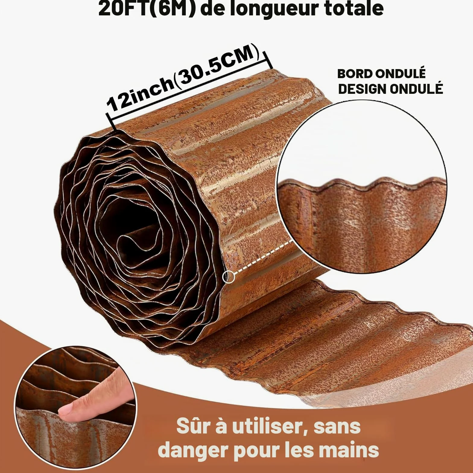 Galvanized Lawn Edging,12Inch*20FT Bordure de Jardin Metal Bordure de Pelouse,Bordure Metal Jardin pour Herbe, Parterre de Fleurs, Allée- Rouille