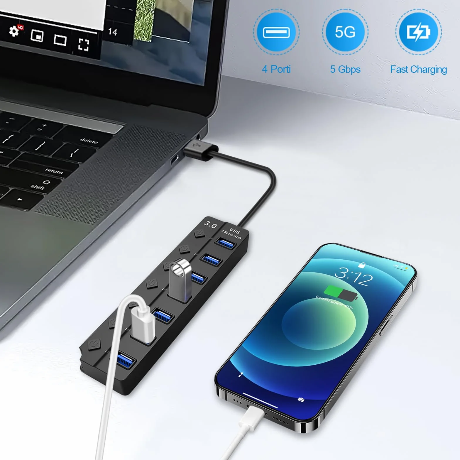 HORJOR Hub USB 3.0 7 Ports avec Interrupteur Séparé et LED, Alimenté Adaptateur Transfert Données Charge Rapide