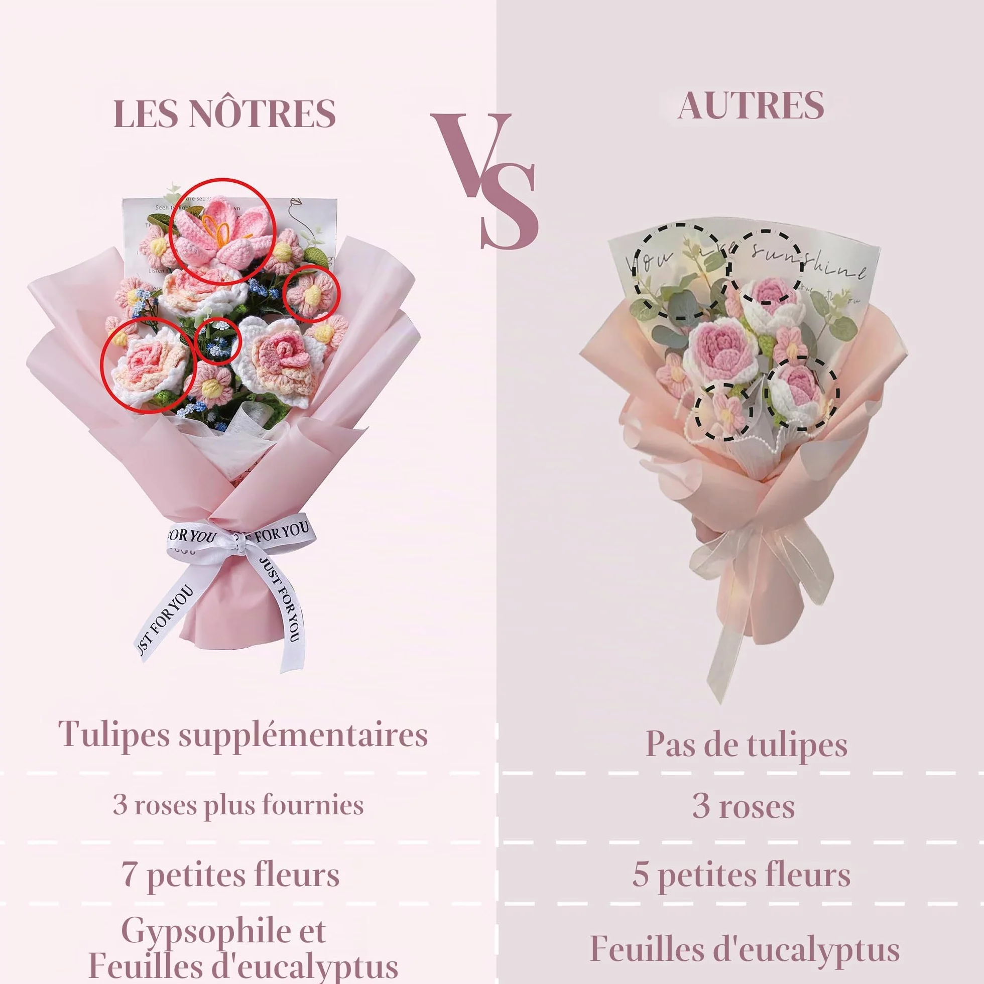 EZsenses Bouquet de fleurs au crochet – Roses tricotées à la main pour décoration d'intérieur, avec sac cadeau et carte de vœux