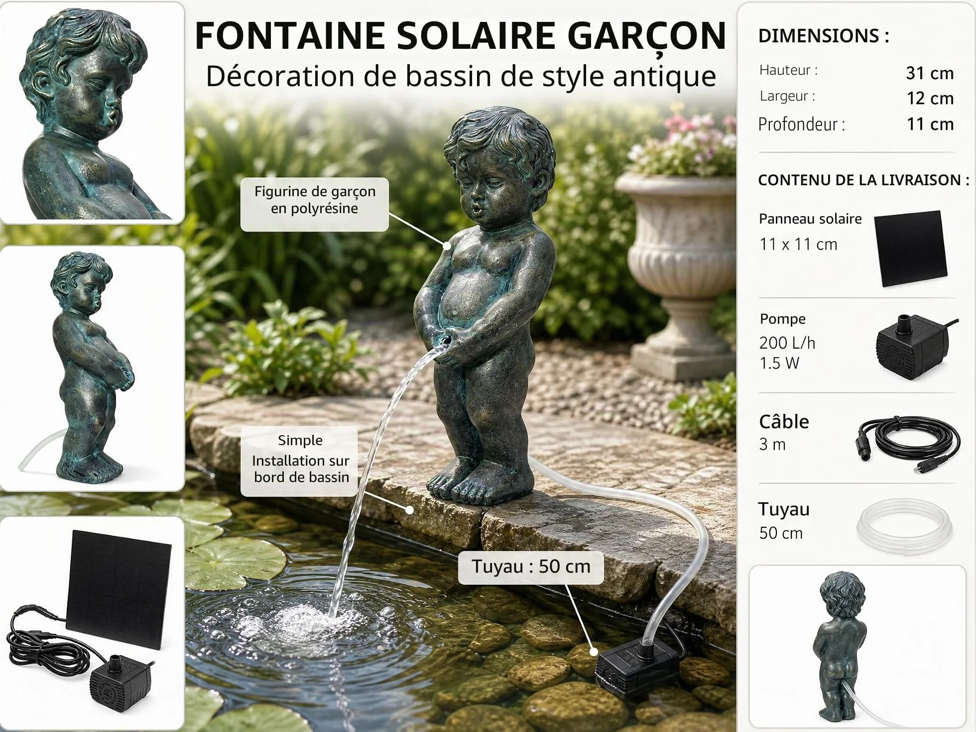 Arnusa Fontanna solarna figurka do basenu z pompą solarną i strumieniem wody dekoracja ogrodowa z polireliny miedzianej 11x12x31 cm