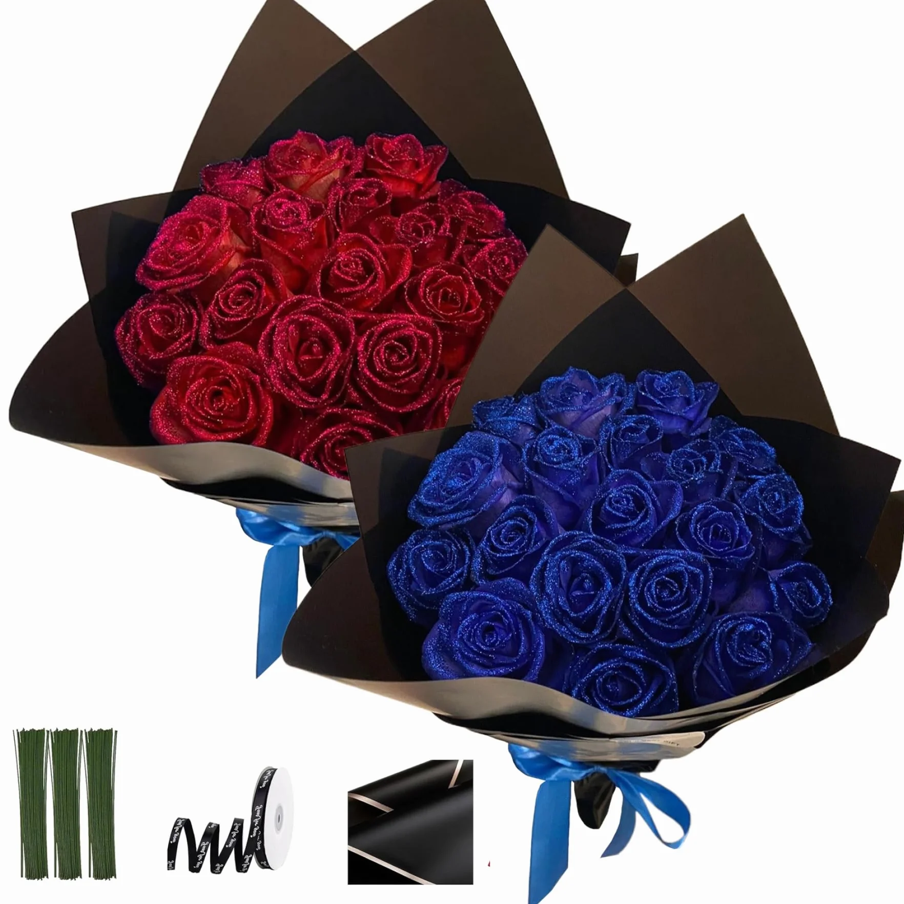 Bouquet de roses scintillantes 9,5 pouces fausses roses bricolage avec tige, rubans d'emballage et papier d'emballage