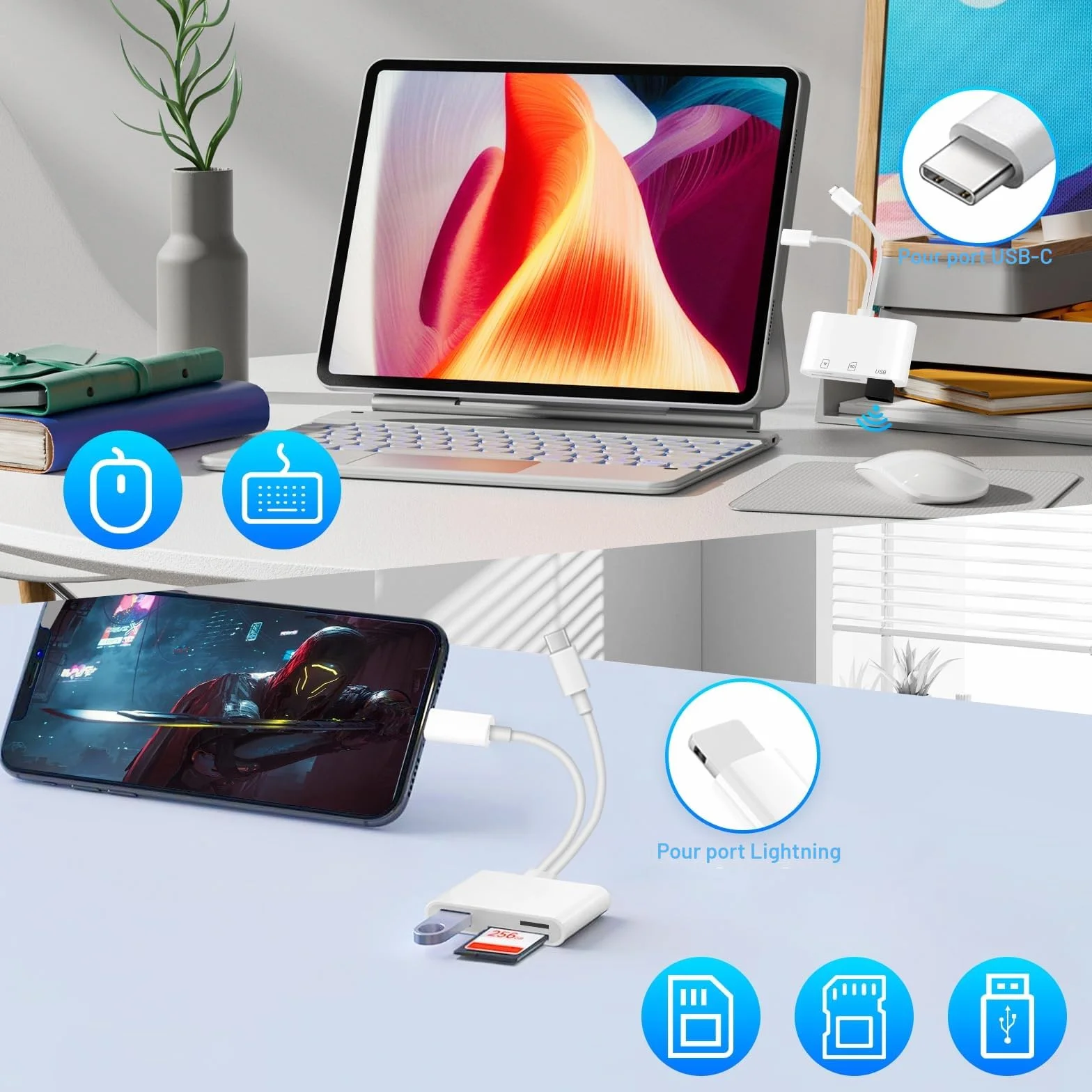 Lecteur Cartes SD iPhone Apple MFi Certified Lightning vers SD Micro SD USB C Adaptateur pour iPhone 16 15 iPad Samsung Caméra