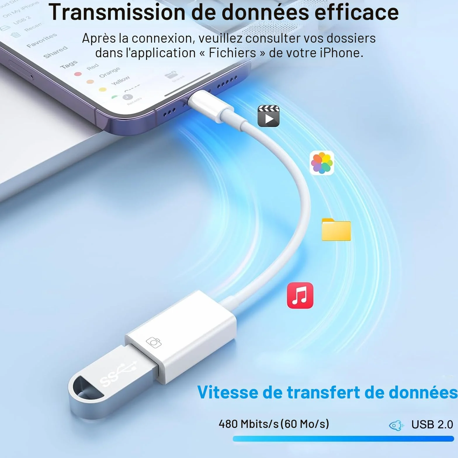 Adaptateur Lightning USB OTG Certifié Apple MFi pour Clé USB, Lecteur de Cartes