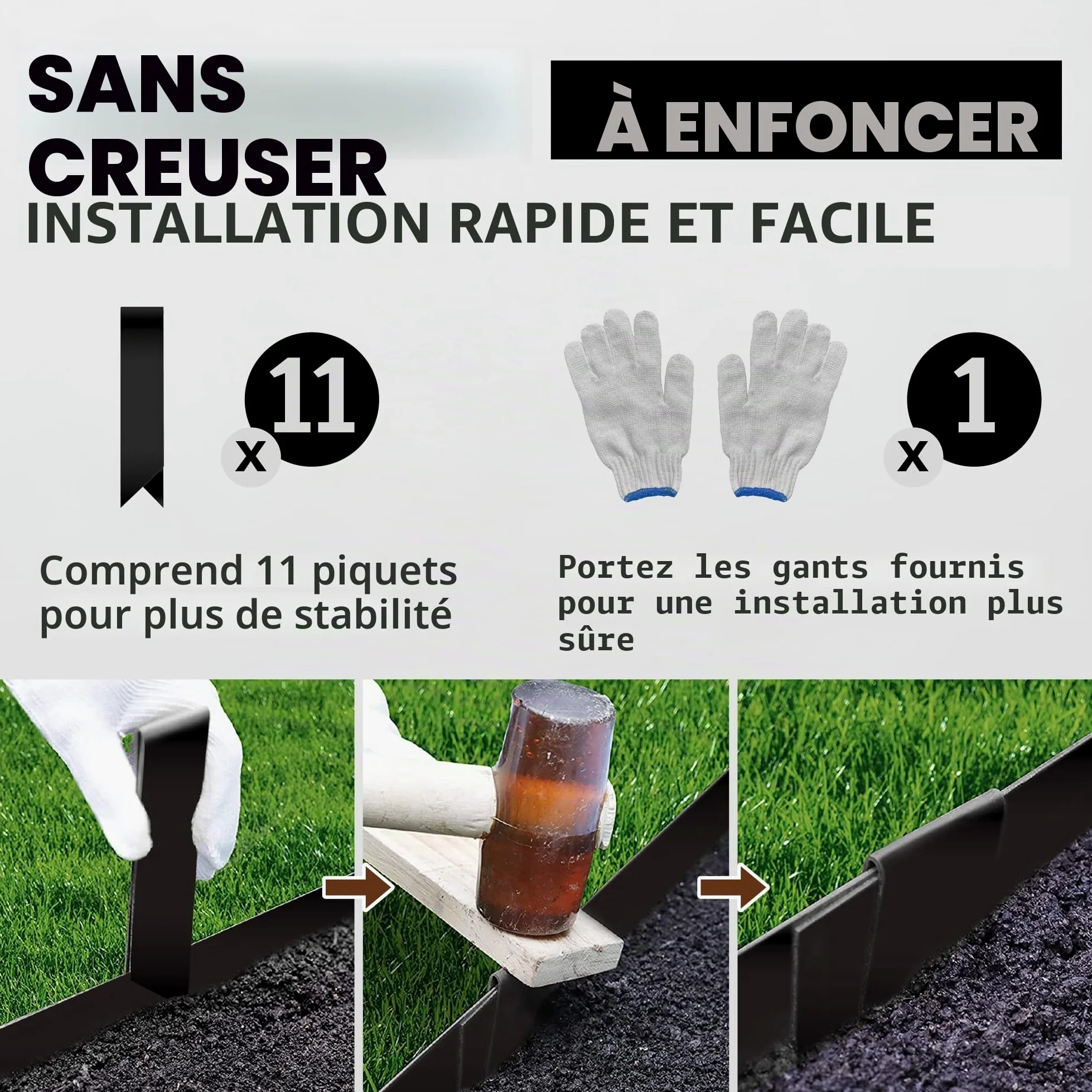 Lot de 10 bordures de pelouse galvanisées - 1 m de long x 11,4 cm de haut - Avec revêtement en poudre noire - En acier - Séparateur de cour - Bordure décorative en métal (10 m de