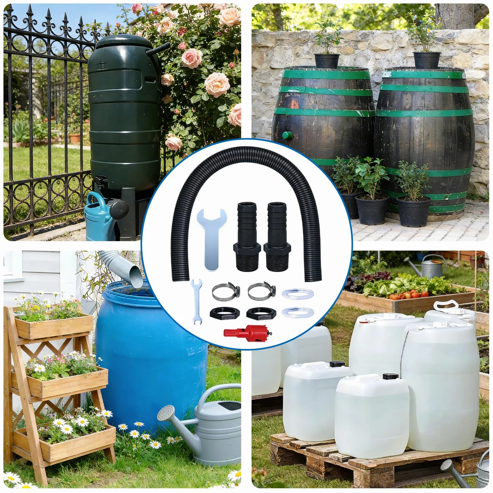 Récupérateur d'Eau de Pluie pour Tuyau Kit, 2 Raccords, Tuyau de Raccordement 1m, Clé Plate, Clé Spéciale, Accessoires de Montage pour Cuve