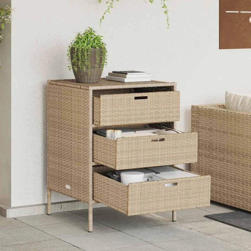vidaXL Armoire de Rangement de Jardin, Résine Tressée Beige avec Tiroirs