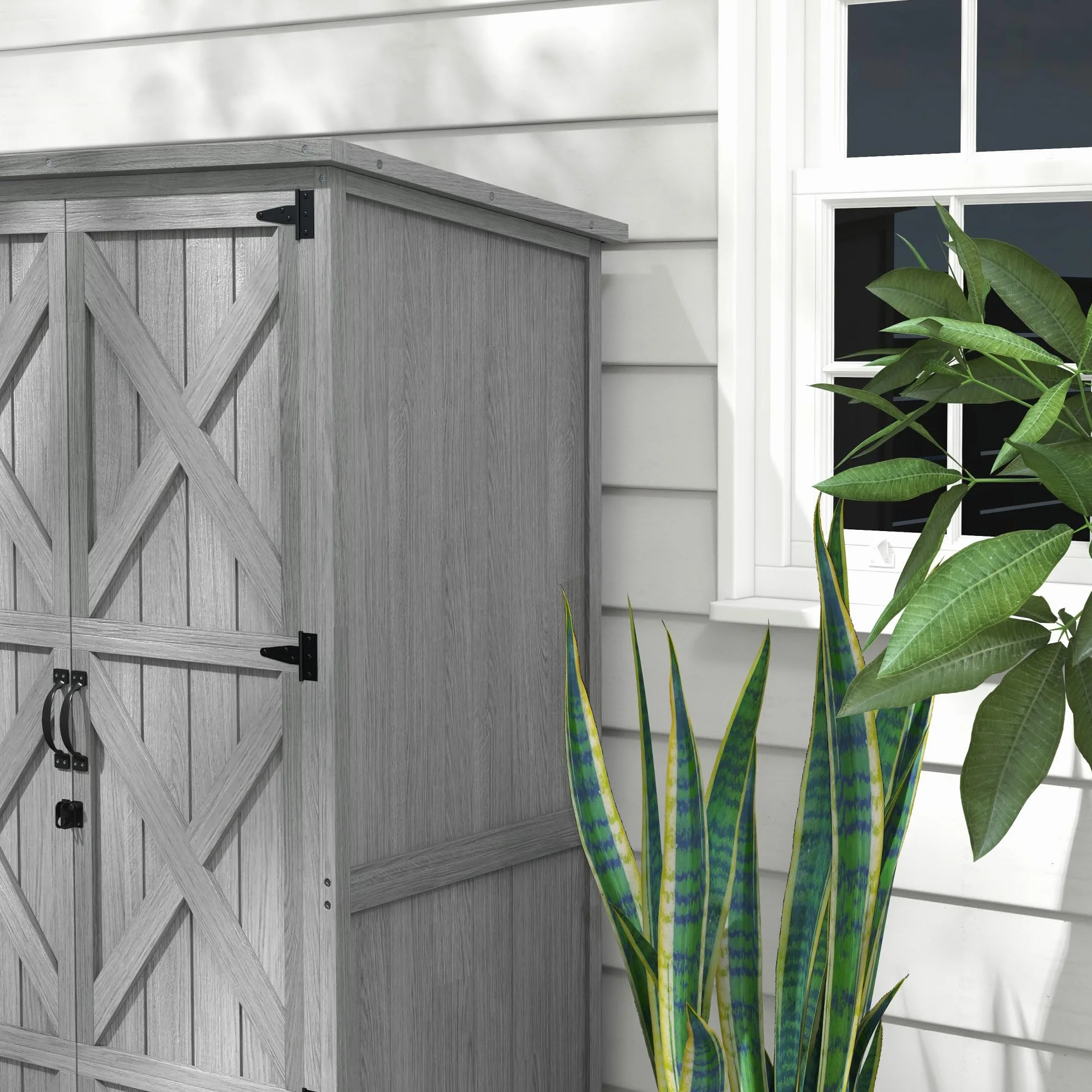 Outsunny Armoire de Jardin 90x54,5x161/168,5 cm Gris Bois Massif Toit incliné bitumé 2 étagères