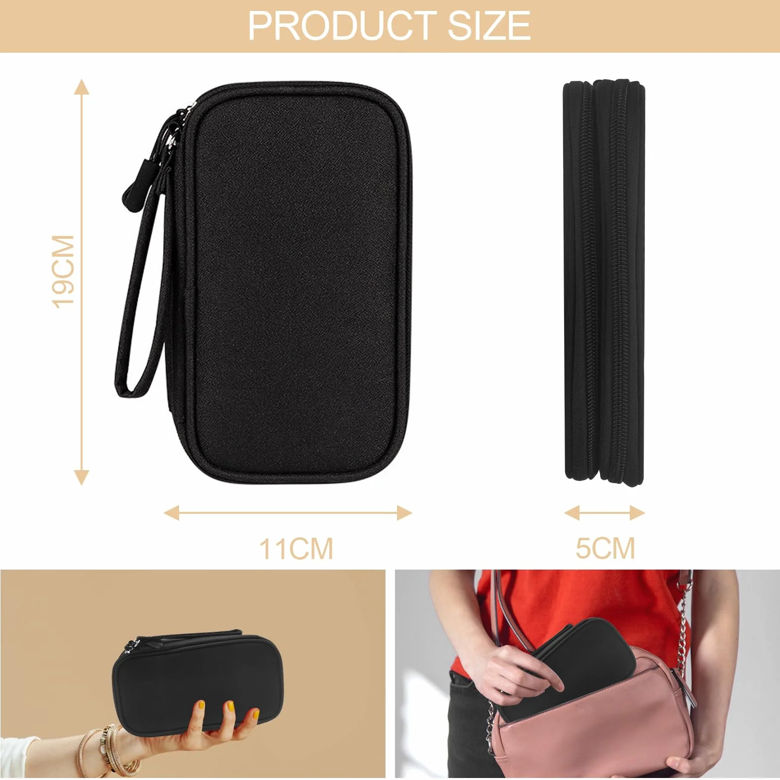 Sac de Rangement Câble Portable, Pochette pour Disque Durs Chargeur Câbles Carte SD Noir