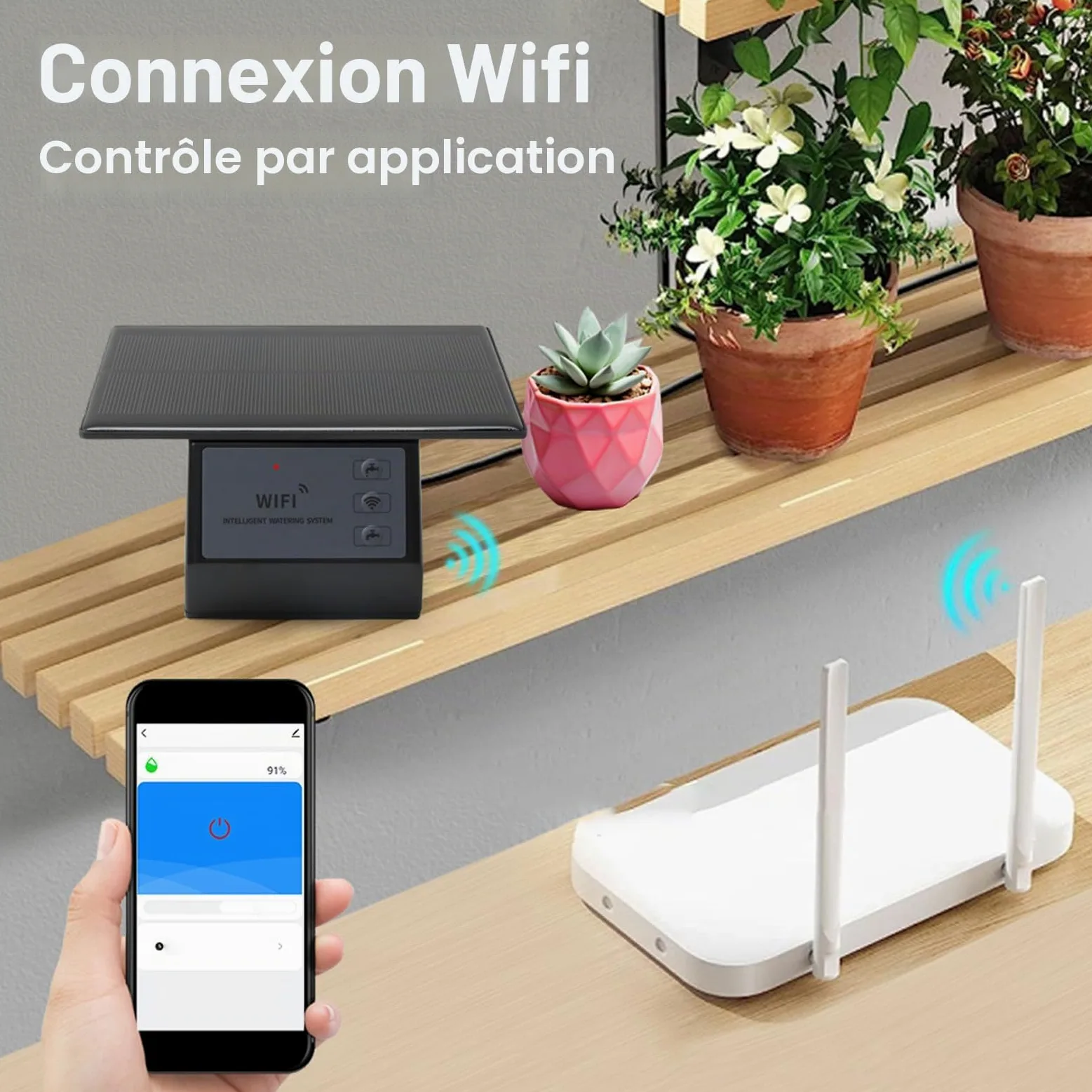 Greensen Kit d'Irrigation à Goutte Solaire avec Batterie 2000mAh, Contrôle WiFi, Système d'Arrosage Automatique pour Balcons, Jardins, Patios