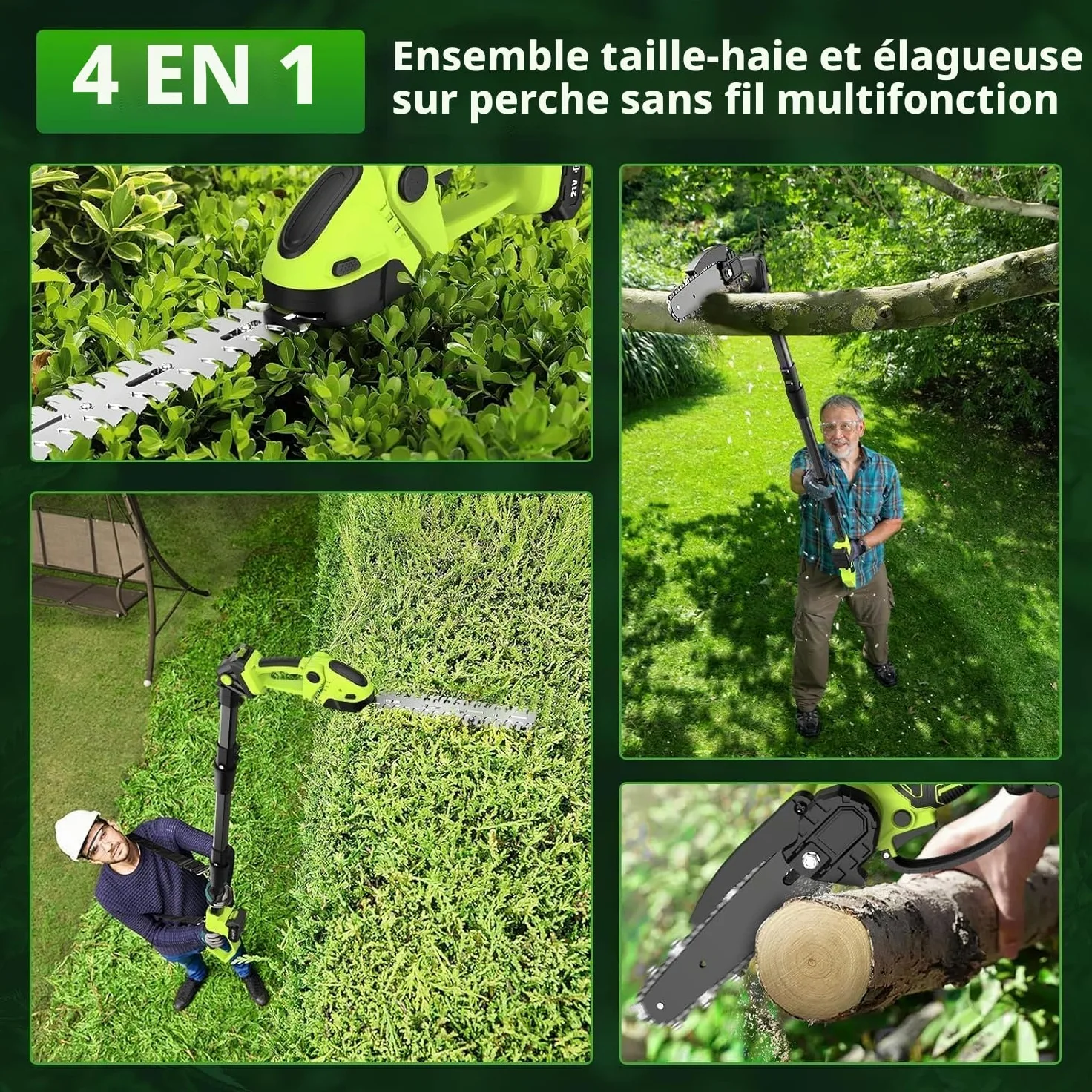 Tronçonneuse Électrique et Taille Haie sans Fil avec Perche 4 en 1, Élagueuse sur Perche avec 4 Chaînes 2 Batteries Taille Haies Telescopique, Angle Réglable, Idéal Jardin Verger Élagage/Taille Haie