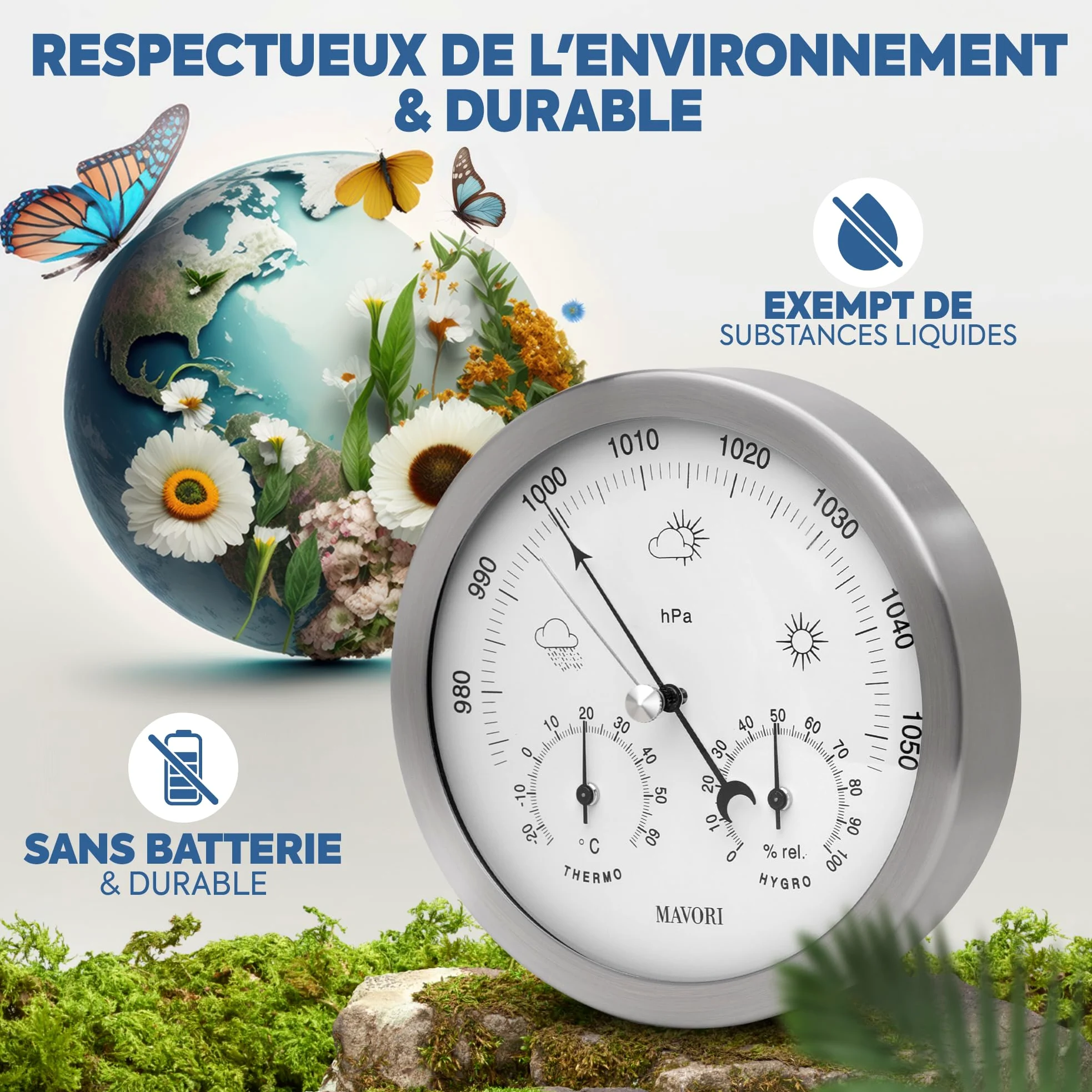 Station météo analogique - 3en1 baromètre, thermomètre & hygromètre pour intérieur et extérieur - Ø 13,5cm cadre en acier inoxydable avec verre acrylique au design moderne