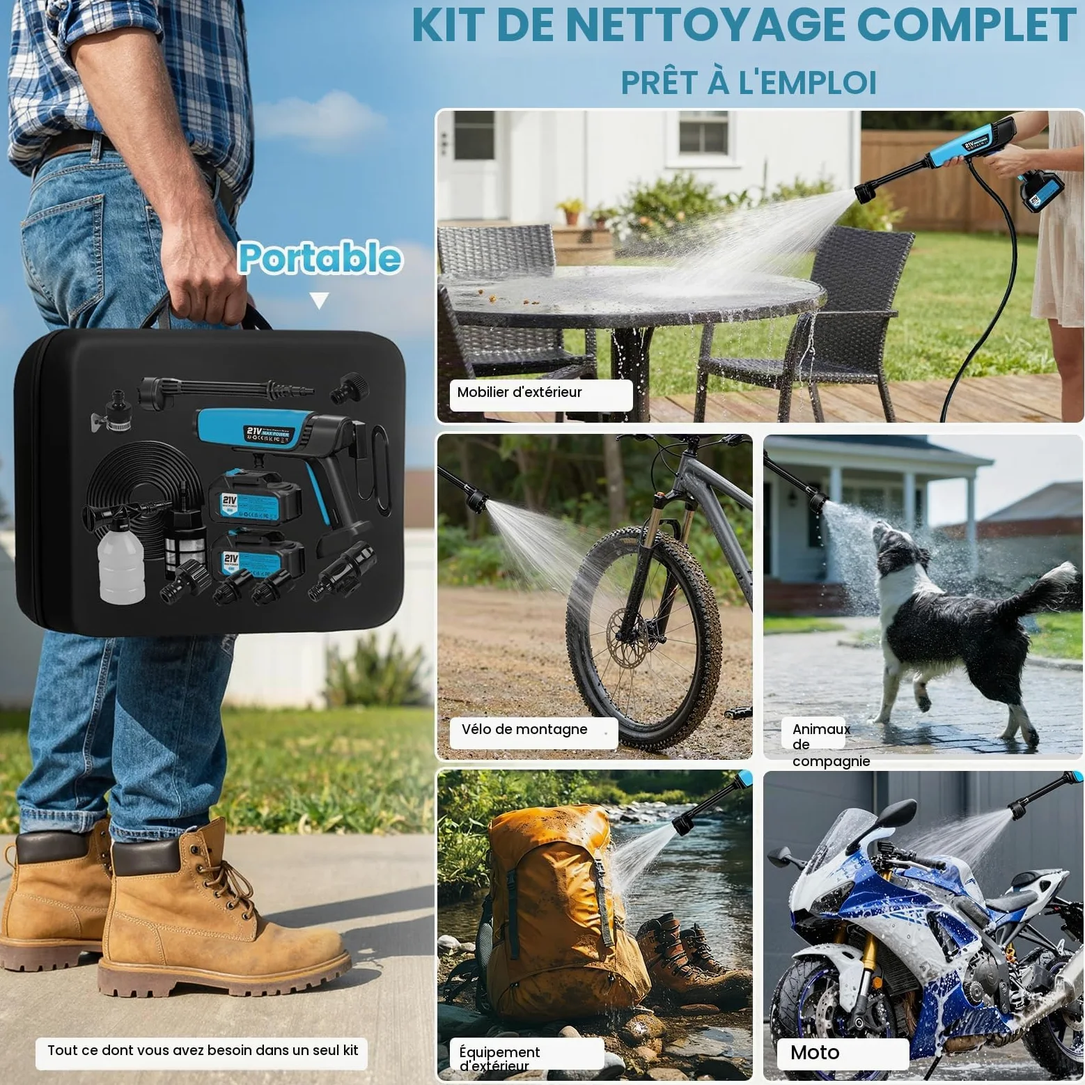 Nettoyeur Haute Pression Sans Fil,Buse Réglable 6 en 1 2x4000mAh 21V 80 bar Pistolet Nettoyeur Haute Pression Portable sur Batterie,Nettoyeur Hydro Jet Tuyau de 10m pour Voiture Jardin Terrasse Maison