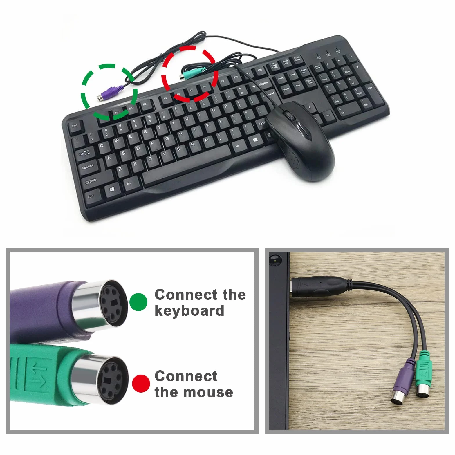 Adaptateur PS2 vers USB Lot de 2 Convertisseur Y Clavier Souris Plug and Play KVM 20 cm