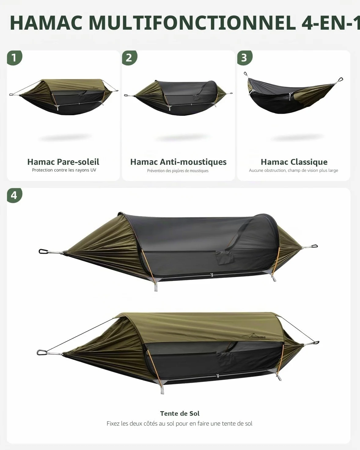 Hamac Tente avec Moustiquaire et Pare-Soleil Amovible, Fonction 4 en 1, Hamacs Exterieur Suspendus Légers, Tente de Bivouac pour l'extérieur, La Randonnée Camping dans Jardin