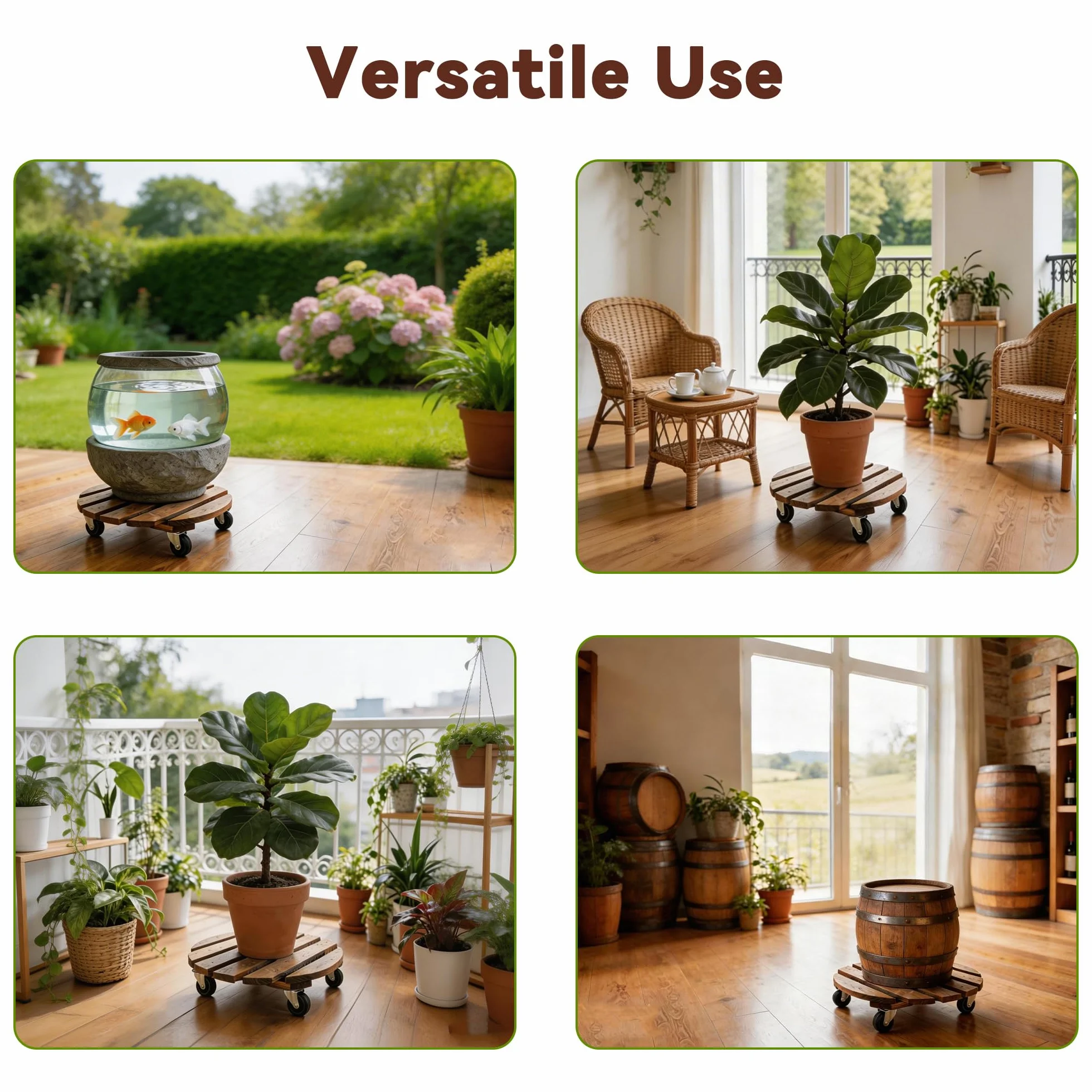 Bois Porte Plante à Roulettes Rondes Chariot Ø 30cm Capacité Charge 120 kg Roues 4 Blocages