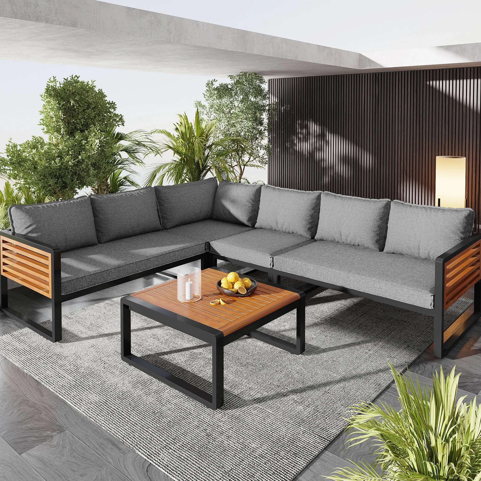 Ensemble Salon de Jardin Exterieur 5-6 Places, Mobilier de Jardin en Métal avec Structure en Fer Zinc et Accoudoirs en Bois, Canapé d'angle Modulable, Table Basse en Bois Massif