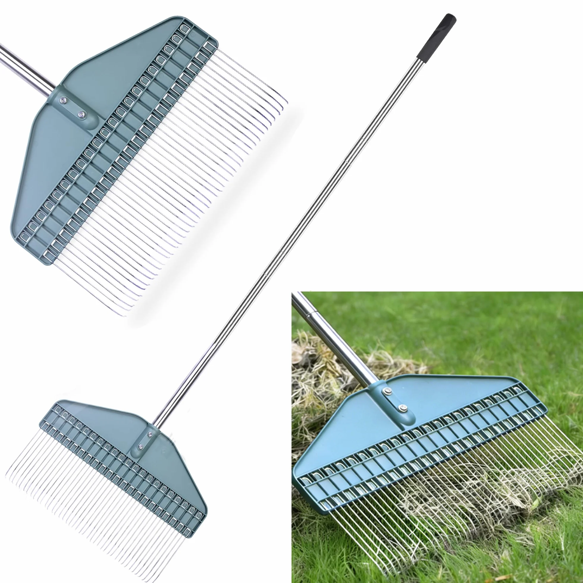 YEELOR Râteau à gazon, râteau pour feuilles, râteau de jardin avec tête de 43,2 cm – Poignée en acier inoxydable de 167,6 cm pour cour, pelouse, arbuste, parterres de jardin, poulailler