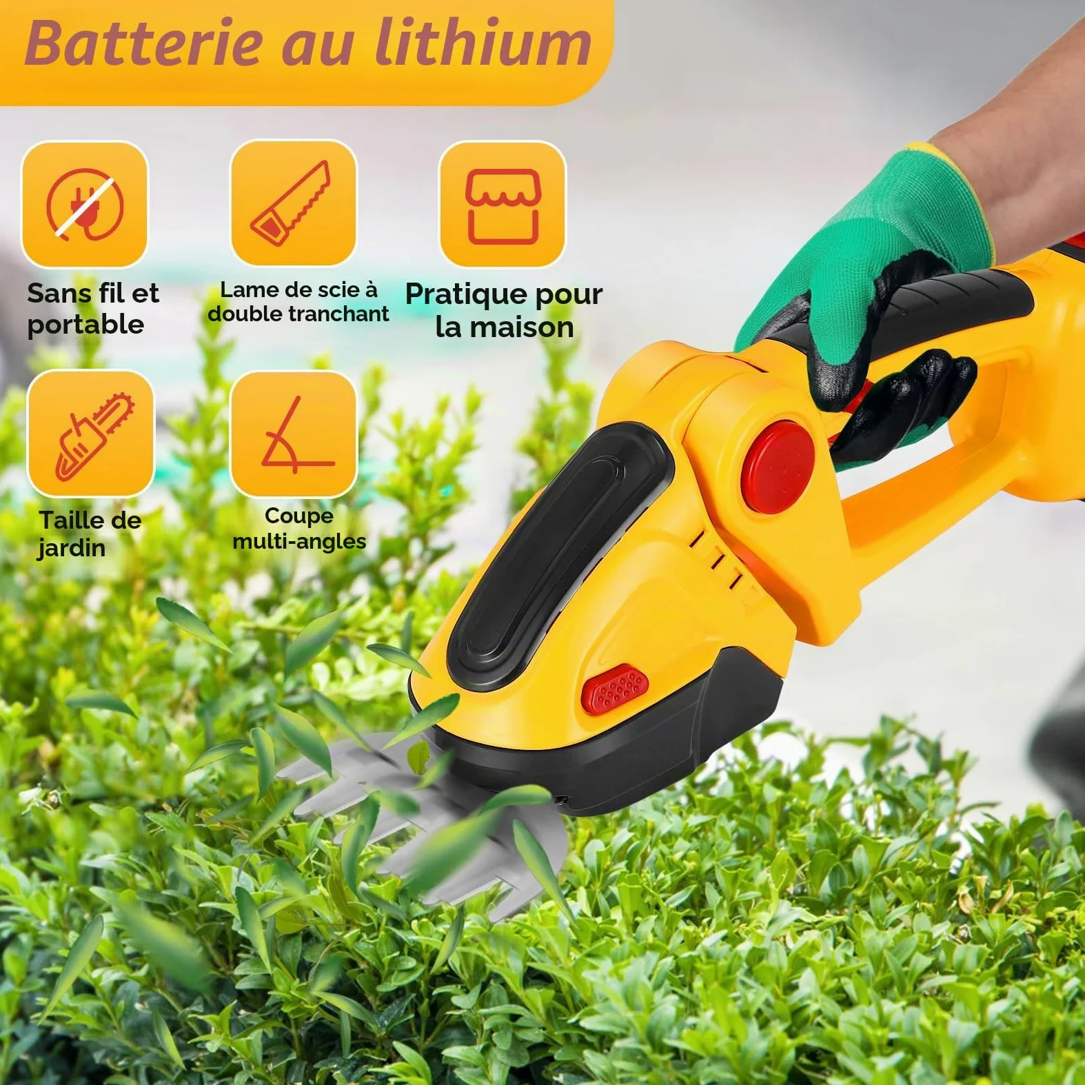 Taille Haie Electrique, 2 en 1 Taille-Herbes sans Fil,1500 TR/Min, Coupe Bordure sans Fil avec 2 Batterie 1500 Mah & 2 Lames, Outils de Jardin Motorisés pour Coupe, Elagage