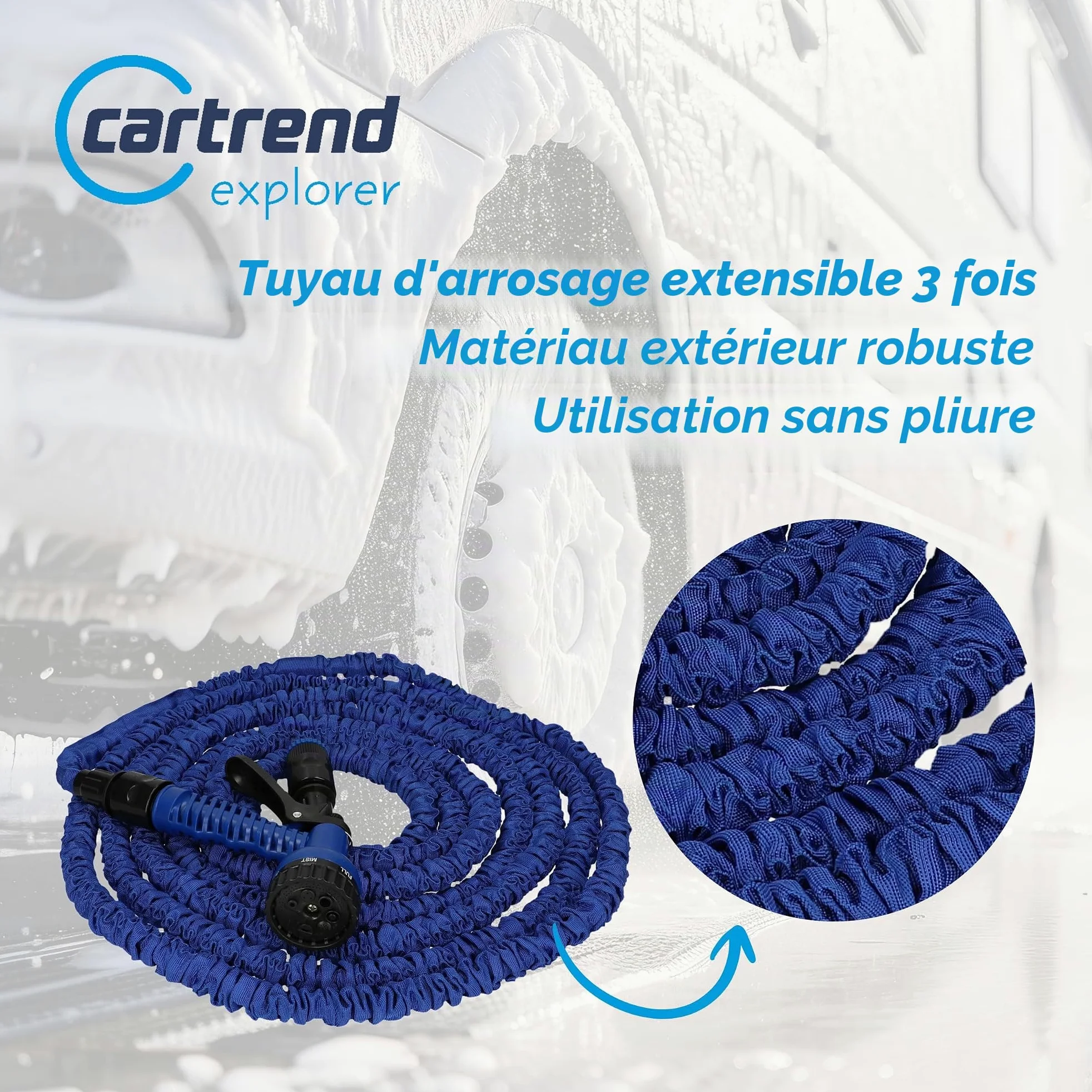 Cartrend 10386 Tuyau d'arrosage extensible pour caravane, camping-car, accessoire de caravane, dimensions 5-15 m, bleu/noir