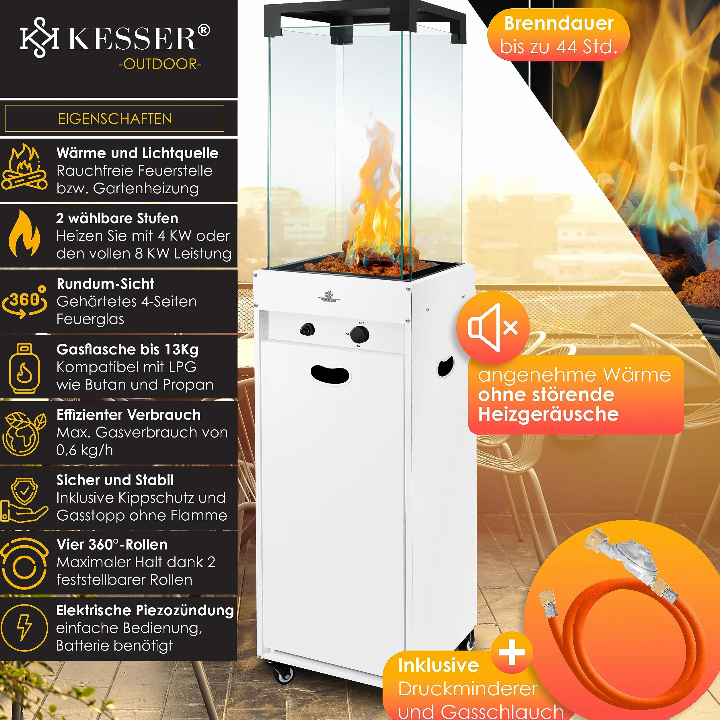 KESSER Chauffage Radiant à Gaz Terrasse avec Housse Protection, Roulettes, Blanc