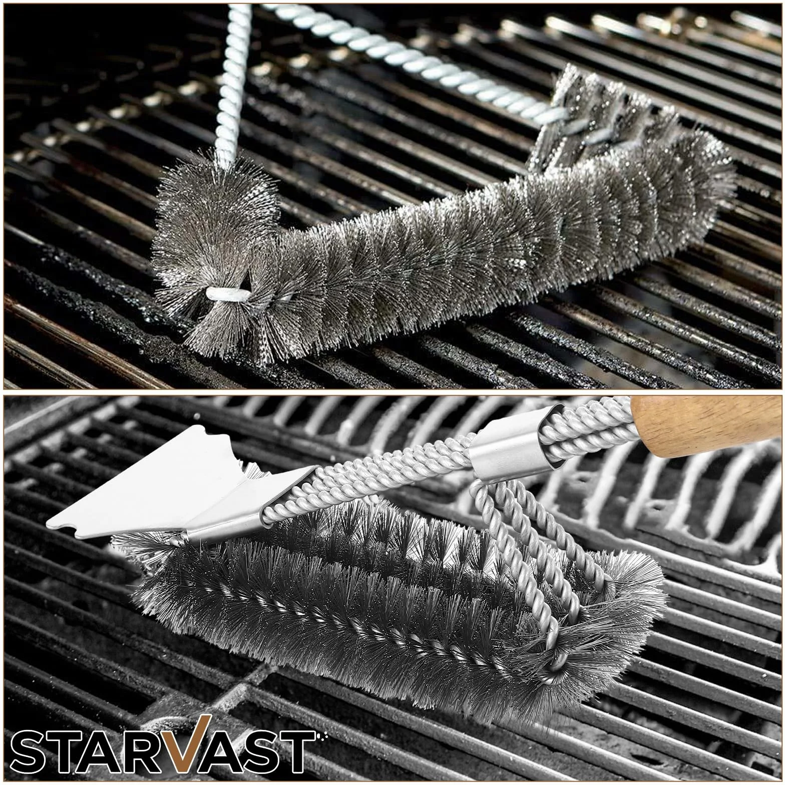 Brosses de nettoyage barbecue 39 cm manche bois acier inoxydable Lot de 4