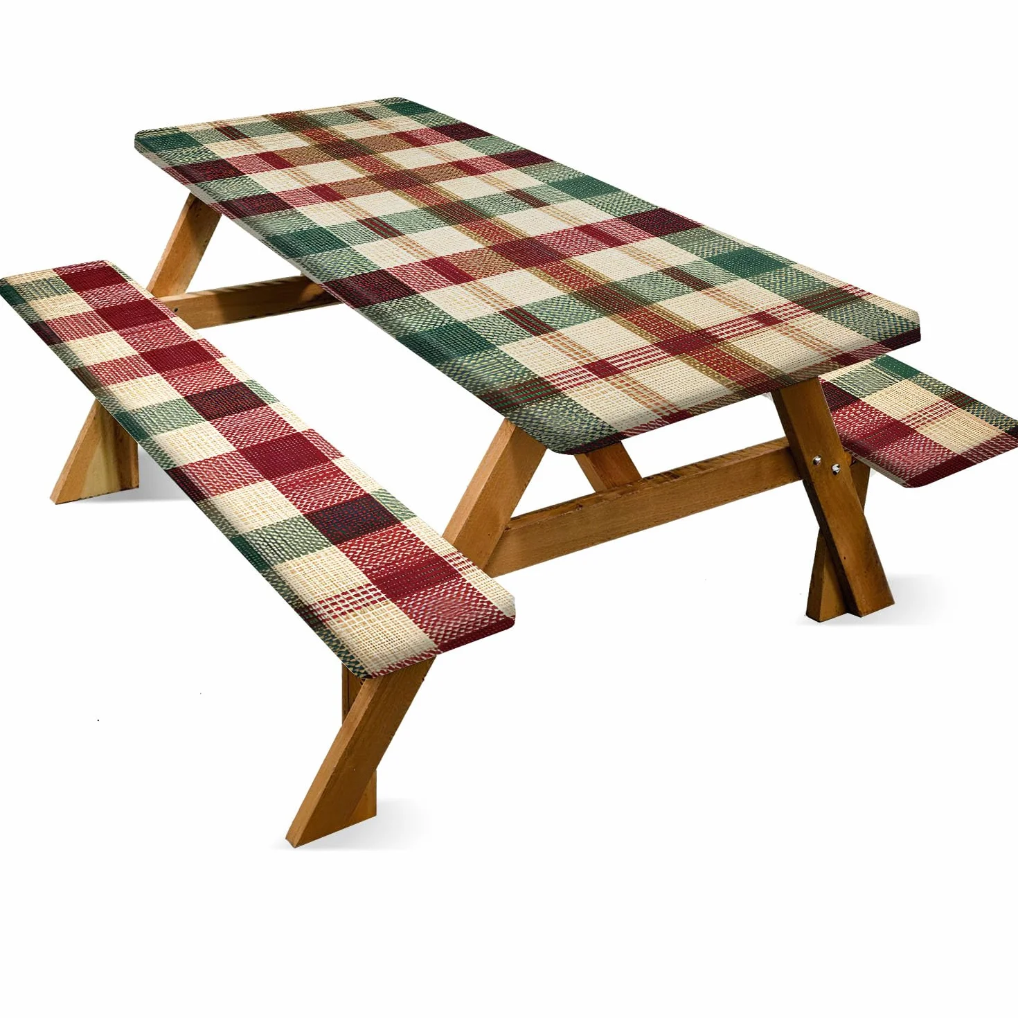 Nappe Table Pique Nique 6FT Carreaux Rouge Vert Lot de 3, Housse Imperméable Extérieur 72"x30" avec Housses Banc