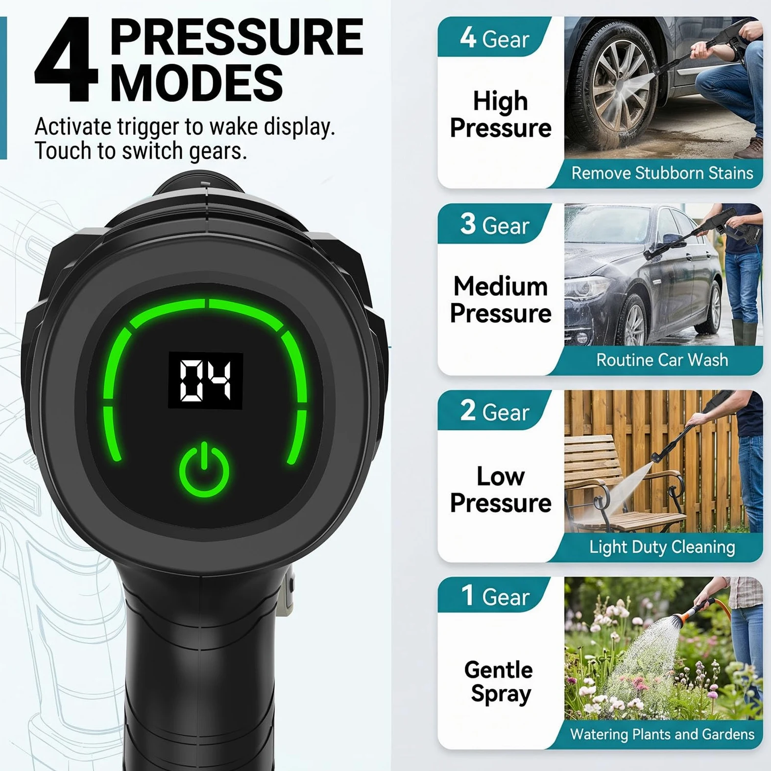 Nettoyeur Haute Pression sans Fil 125 Bar, Moteur sans Balais 1500W & Écran LCD, avec 2X 21V 4.0Ah Batteries, 4 Niveaux de Pressio, 600 L/h, Buse 6-en-1 & Tuyau 5m pour Voiture et Jardin