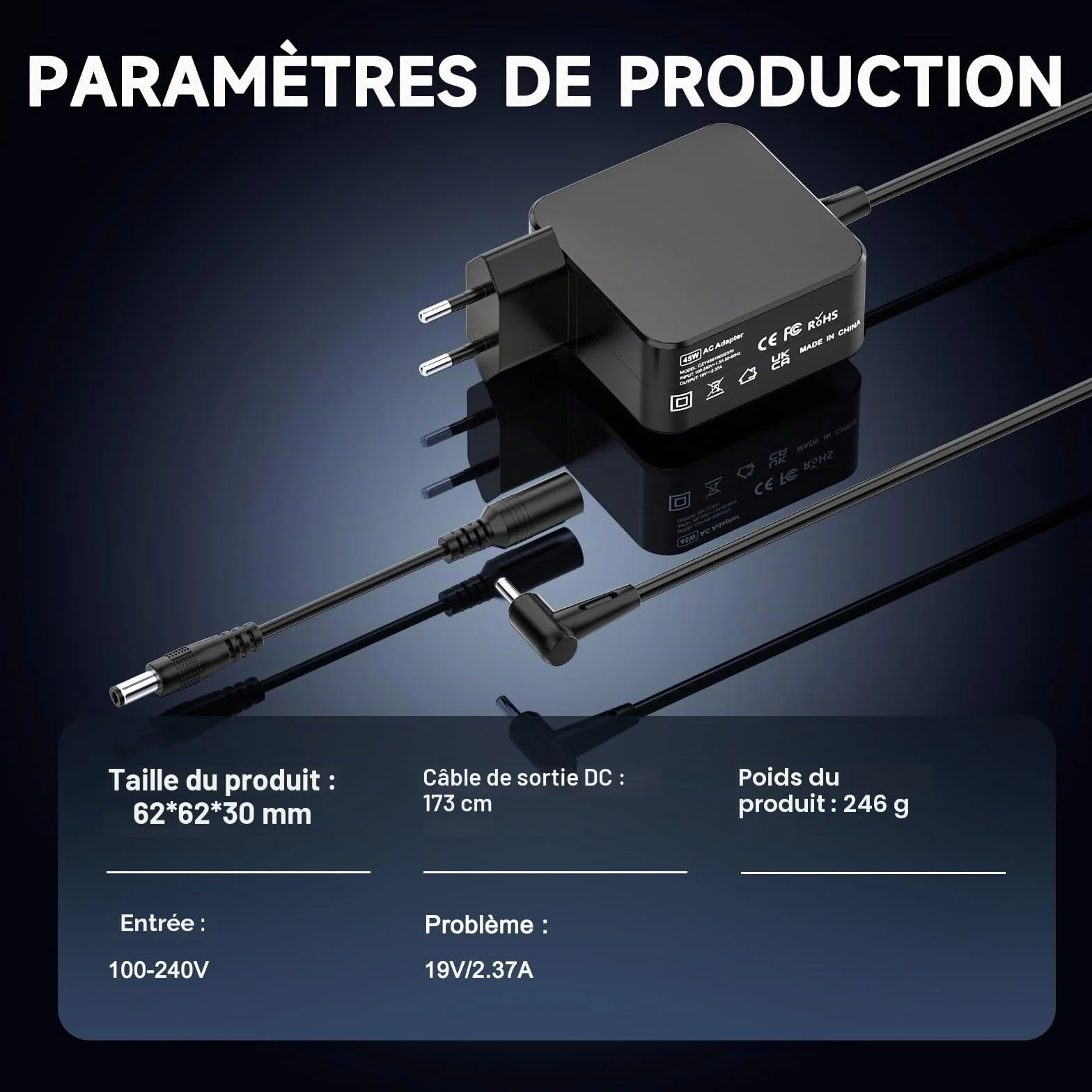 Chargeur Ordinateur Portable ASUS 45W Prise 4.0 x 1.35 mm Compatible Vivobook 14/15/17 Zenbook UX/UXD/TP Series