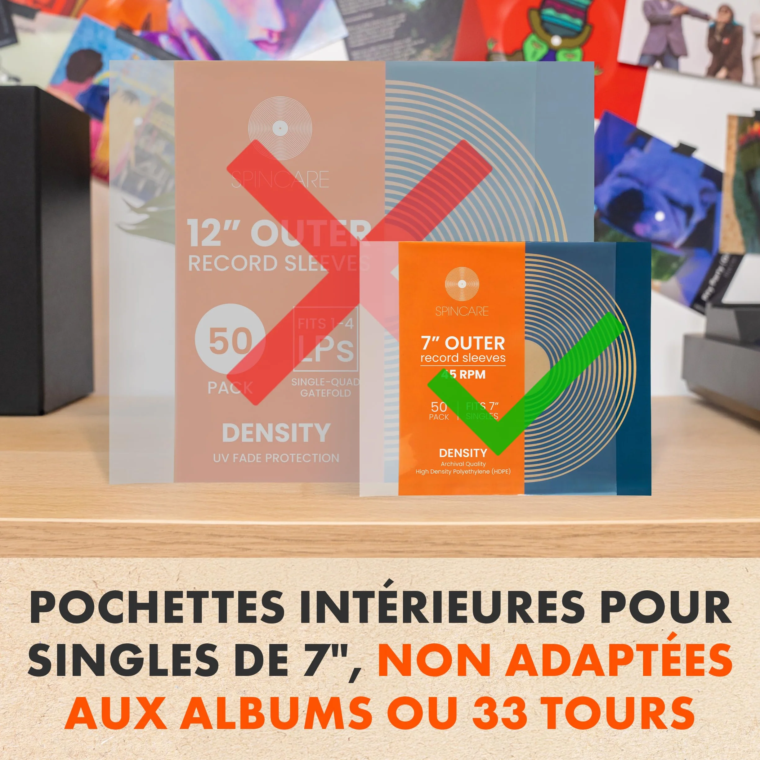 Spincare 50x 7 Pouces Pochettes extérieures Vinyle 45 Tours Protection UV Pochette Plastique Vinyle résistante qualité archivage pour disques 7”