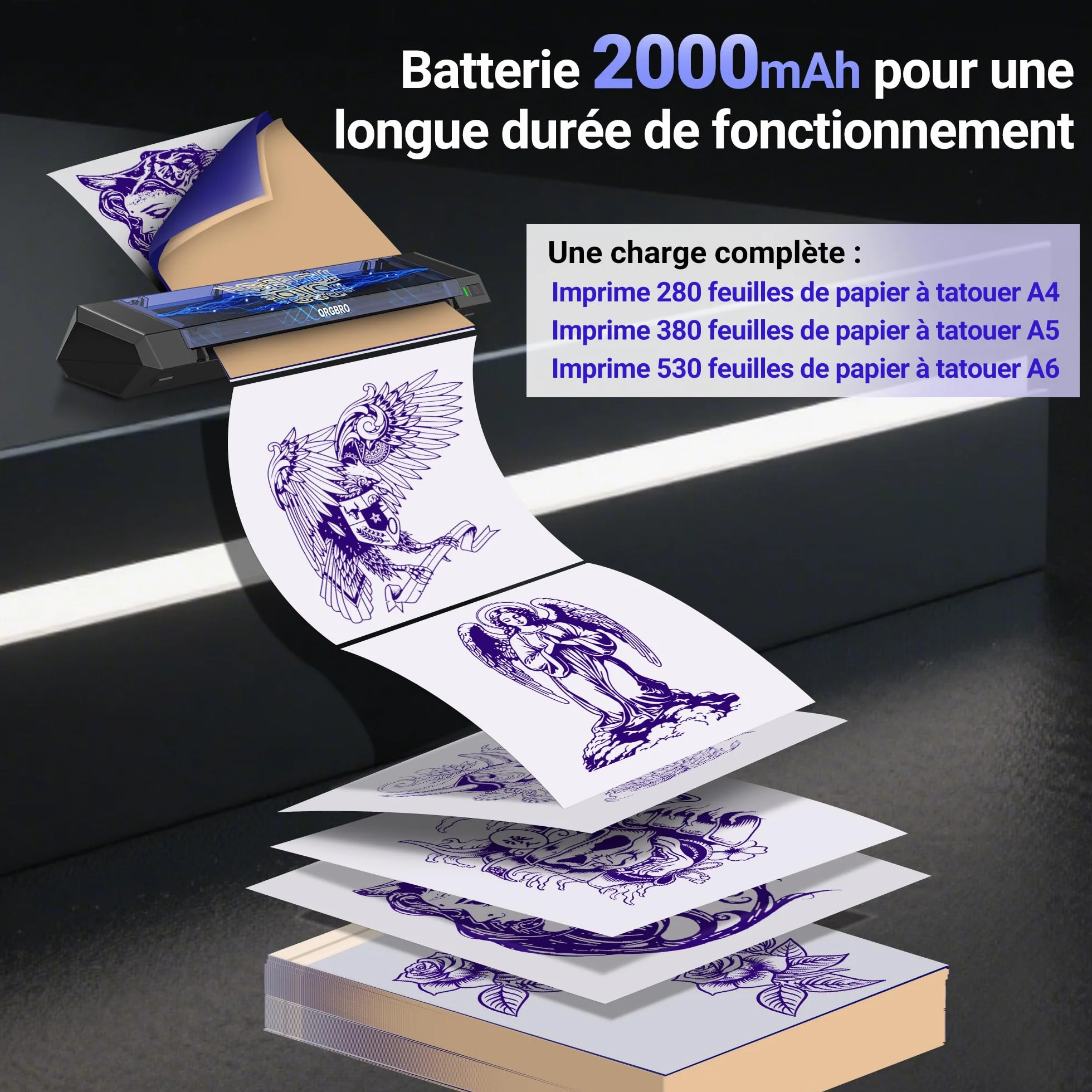 ORGBRO X8 Imprimante Stencil Tatouage Transfert Thermique Bluetooth 30 Feuilles Papier