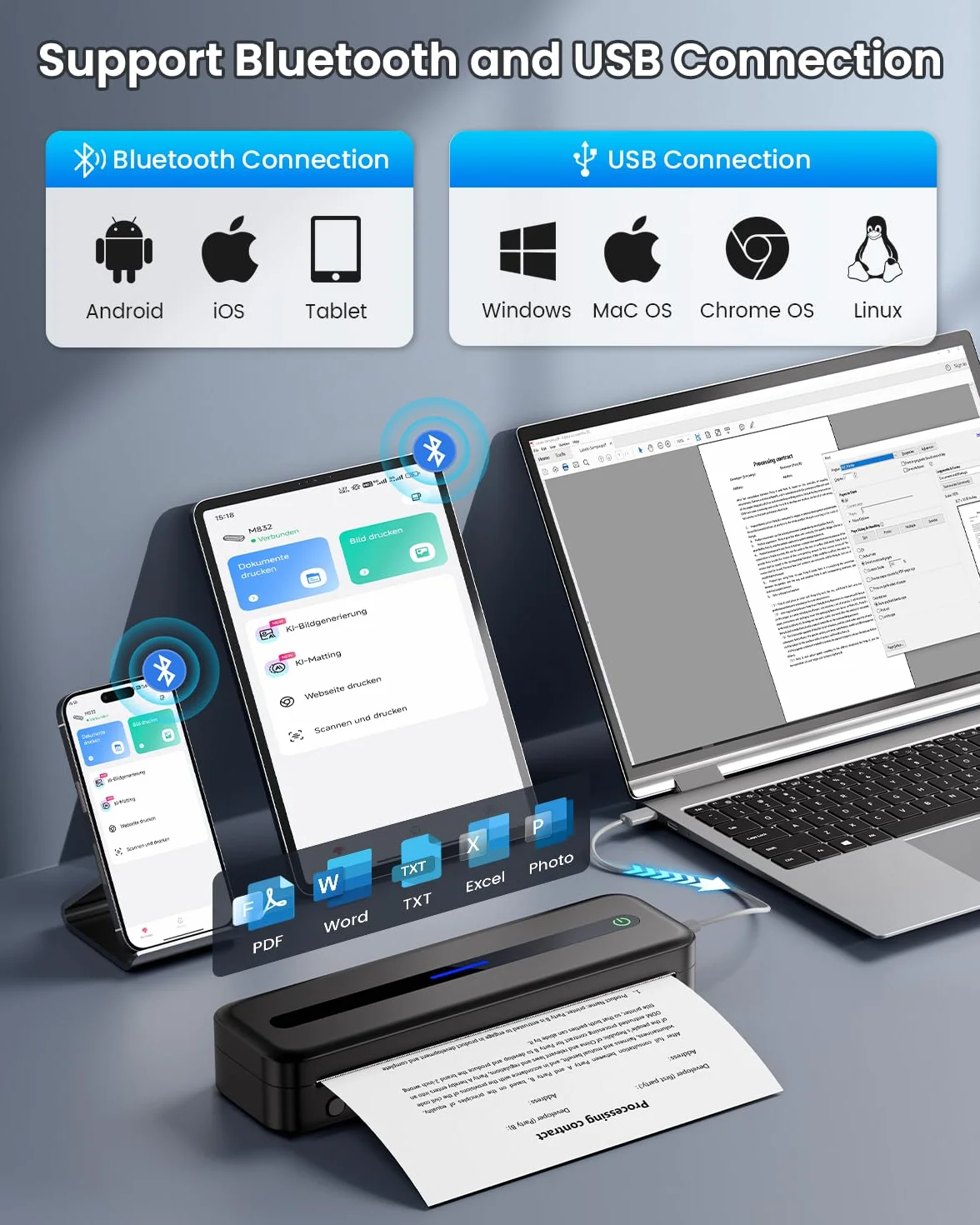 Imprimante Thermique Portable A4 Bluetooth 300DPI Sans Encre Noir