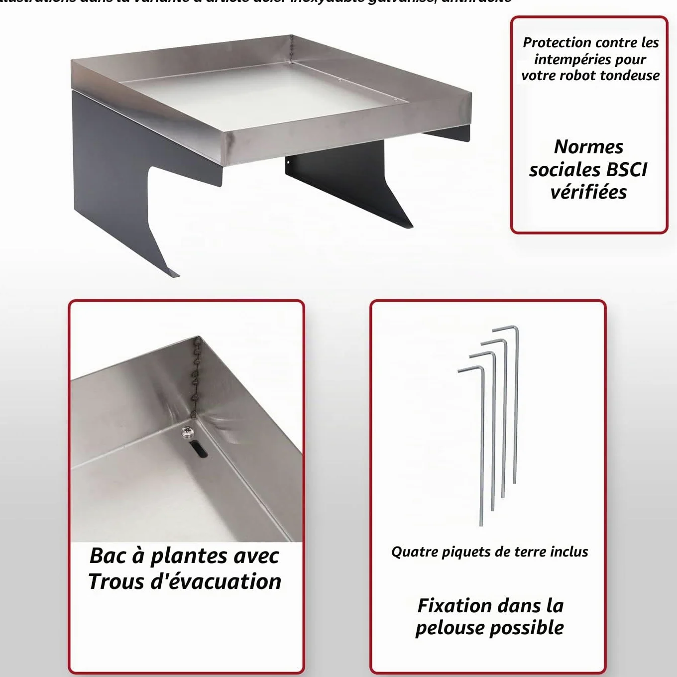 Garage pour Tondeuse-Robot avec bac à Plantes HWC-G60 métal 37x60x70cm INOX