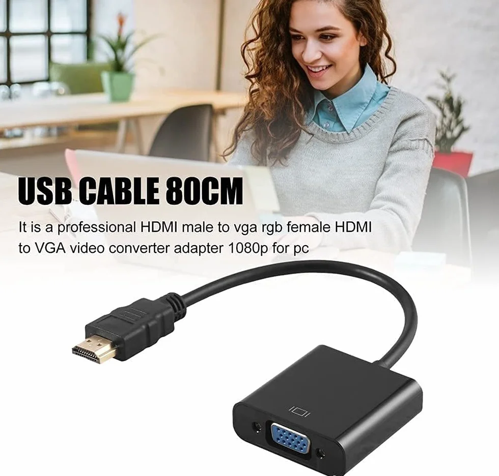 Adaptateur HDMI vers VGA plaqué Or Full HD 1080P Convertisseur Carte vidéo Externe (Black)