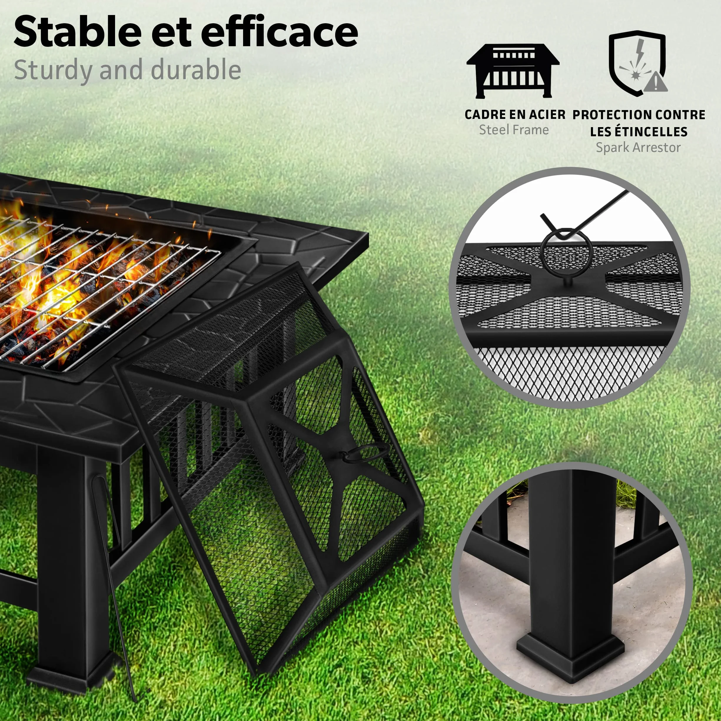 Tillvex Brasero Extérieur BBQ Jardin Terrasse Chauffage Gril Charbon Couvercle Feu Barbecue Tisonnier