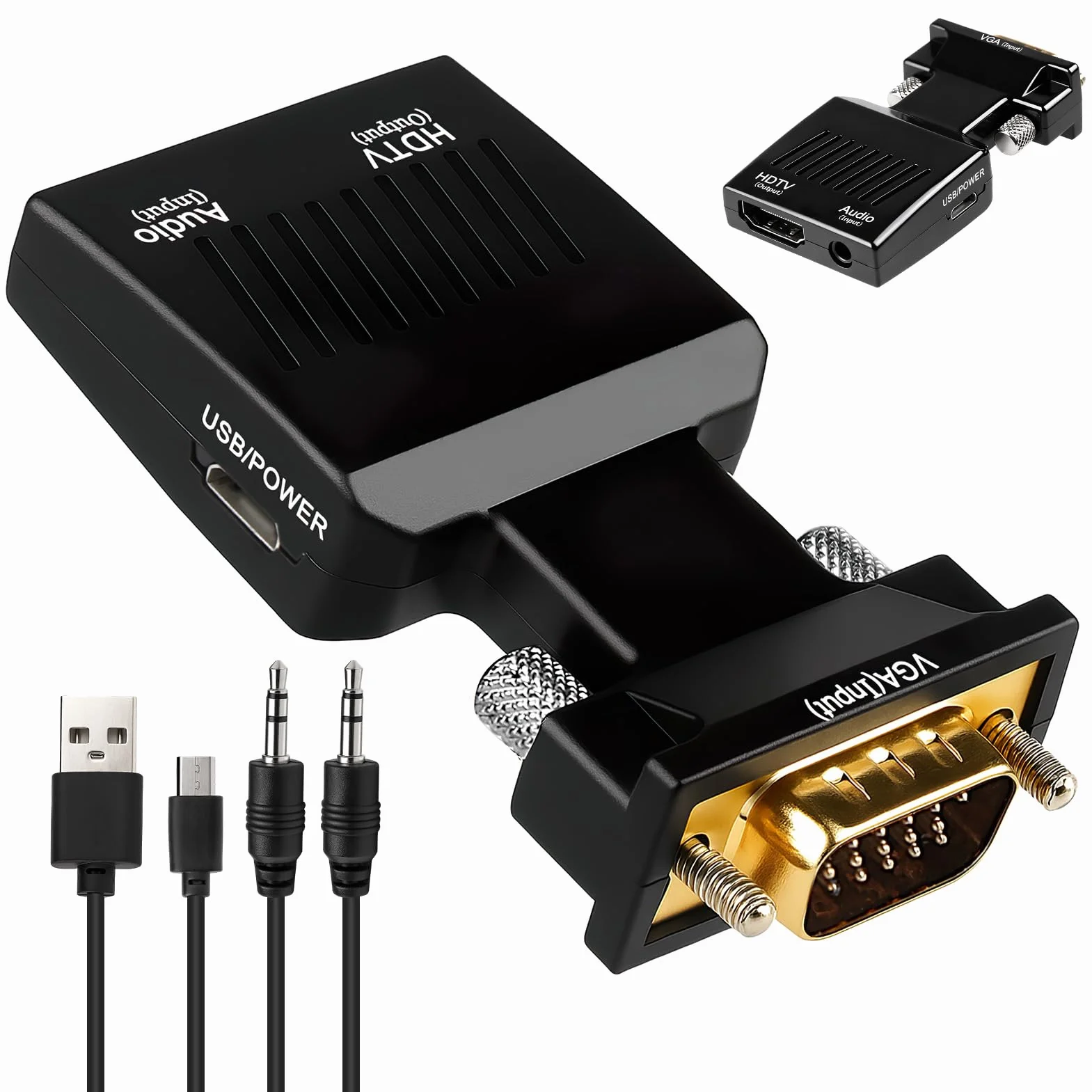 Adaptateur VGA vers HDMI 1080P Convertisseur Mâle vers Femelle 60Hz avec Câble 3,5 mm et Alimentation pour PC vers TV