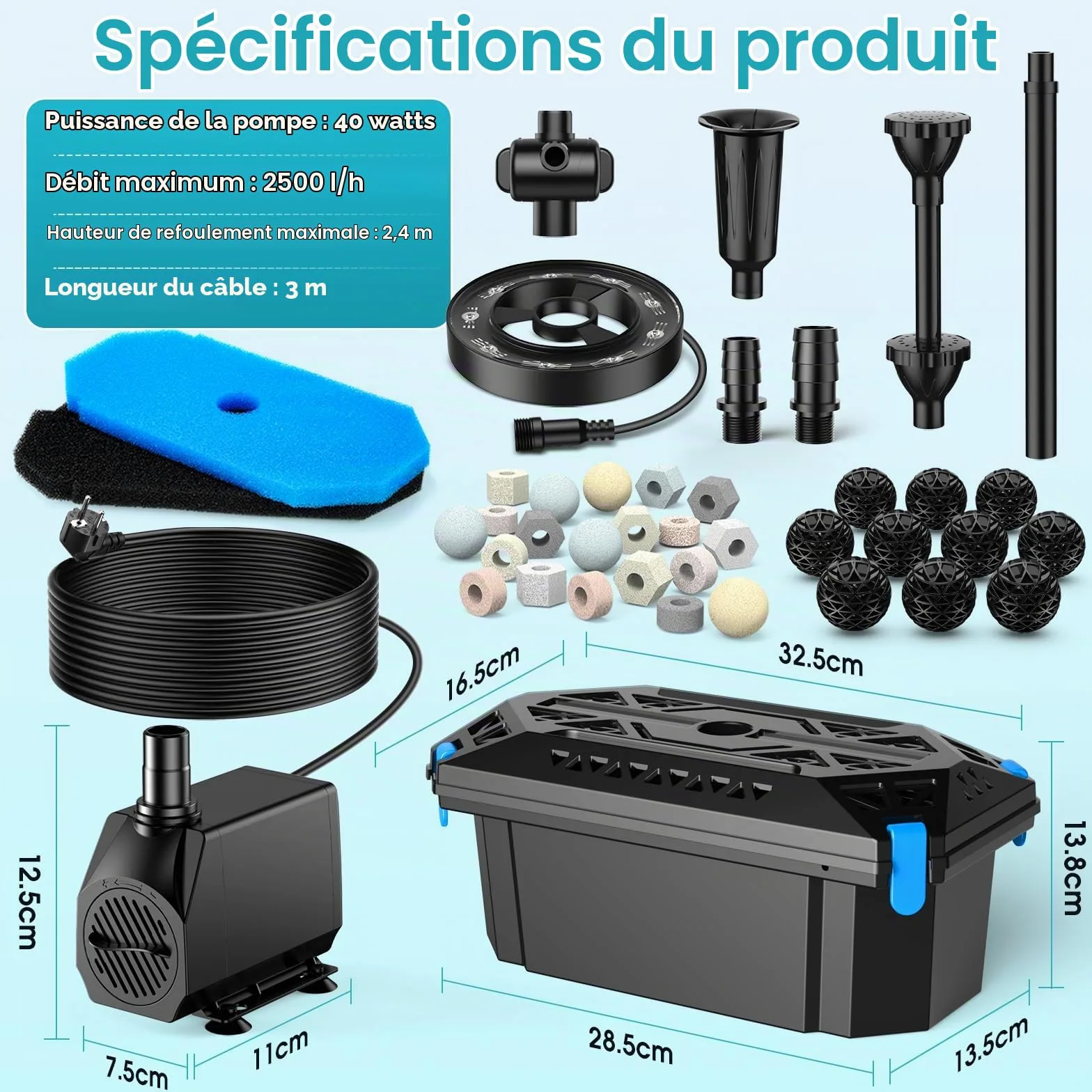 POPOSOAP Kit fontaine de bassin RGB + filtre, Pompe filtrante 2500 L/H avec LED RGB cycliques et débit réglable, Décor aquatique d’extérieur pour bassins de jardin