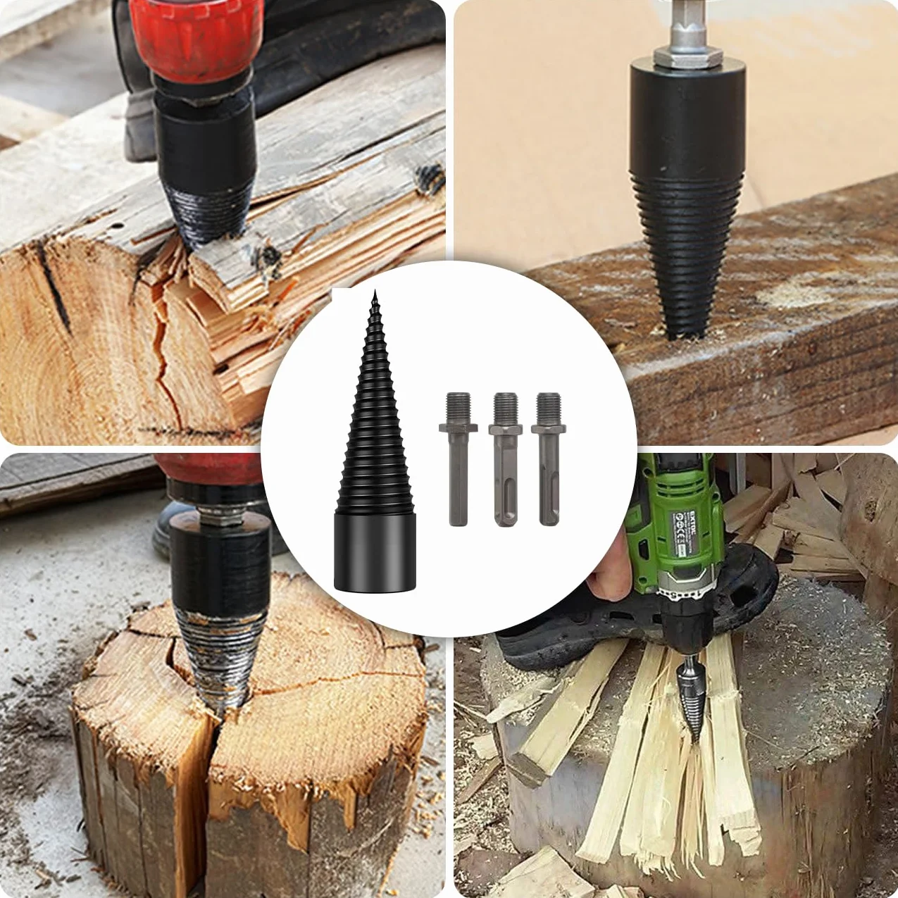 Foret fendeur de bois électrique 38 mm kit avec 4 poignées cône et tige conique