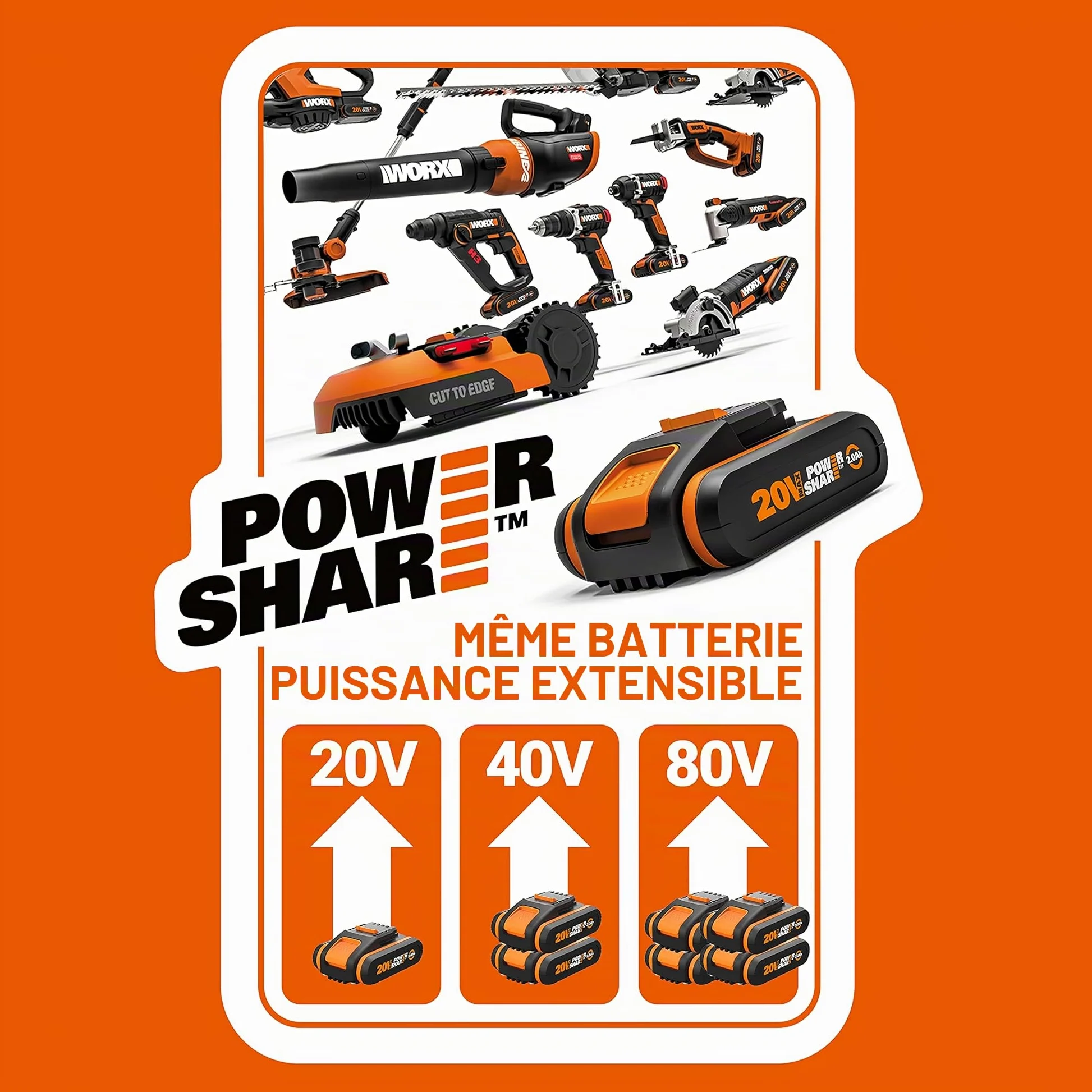 WORX Tronçonneuse Sans Fil WG324E.1 20V Max guide 5"/12cm avec Perche 125cm | Réglage Sans Outil Mini-tronçonneuse/Élagueuse,Perche Télescopique,PowerShare 2.0Ah Batterie et Chargeur Inclus pour Élagage