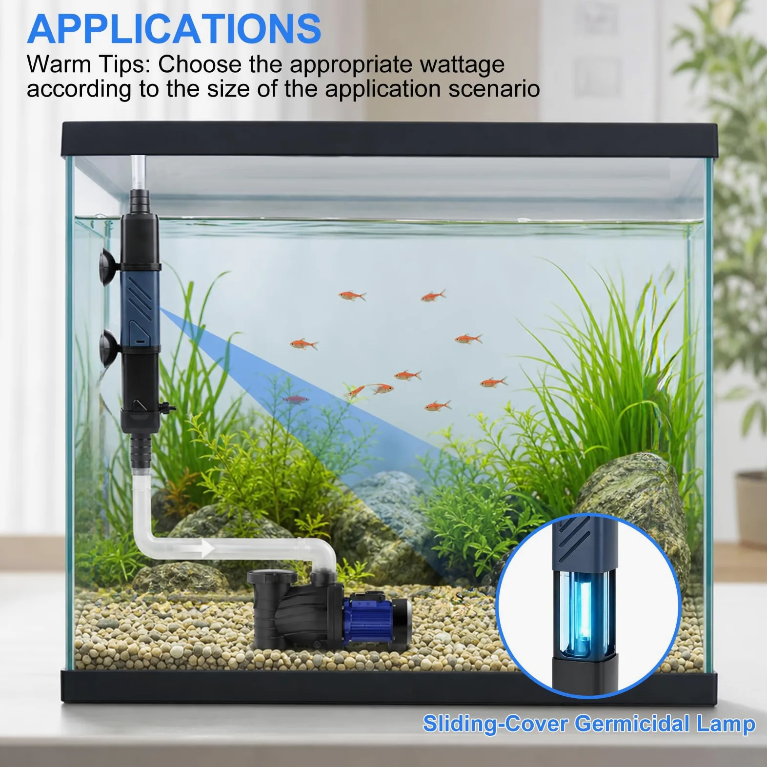 EXLECO 10W UV Stérilisateur pour Aquarium, Clarificateur à Glissière | avec 4 Niveaux de Minuterie, Usage Aquatique et Terrestre, pour Aquariums de 100 à 180 cm, Contrôle des Algues, UVF-1010