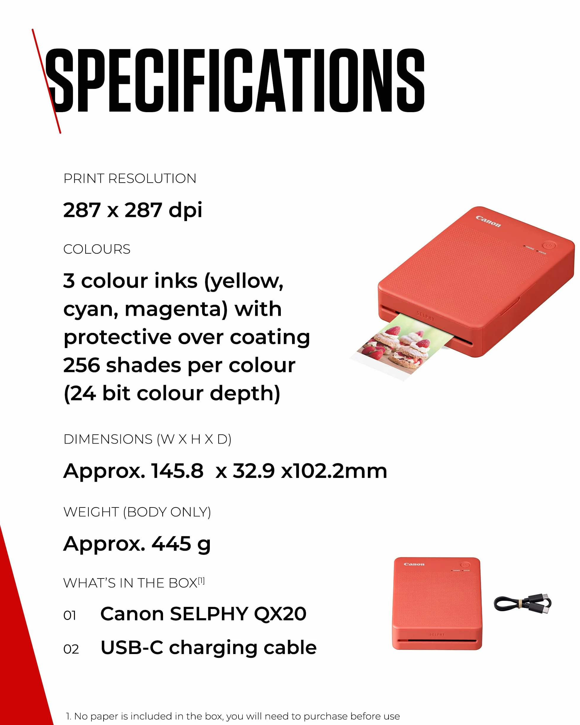 Canon Imprimante portable SELPHY QX20 Wi-Fi sublimation thermique 2 tailles tirages autocollants USB-C Rouge